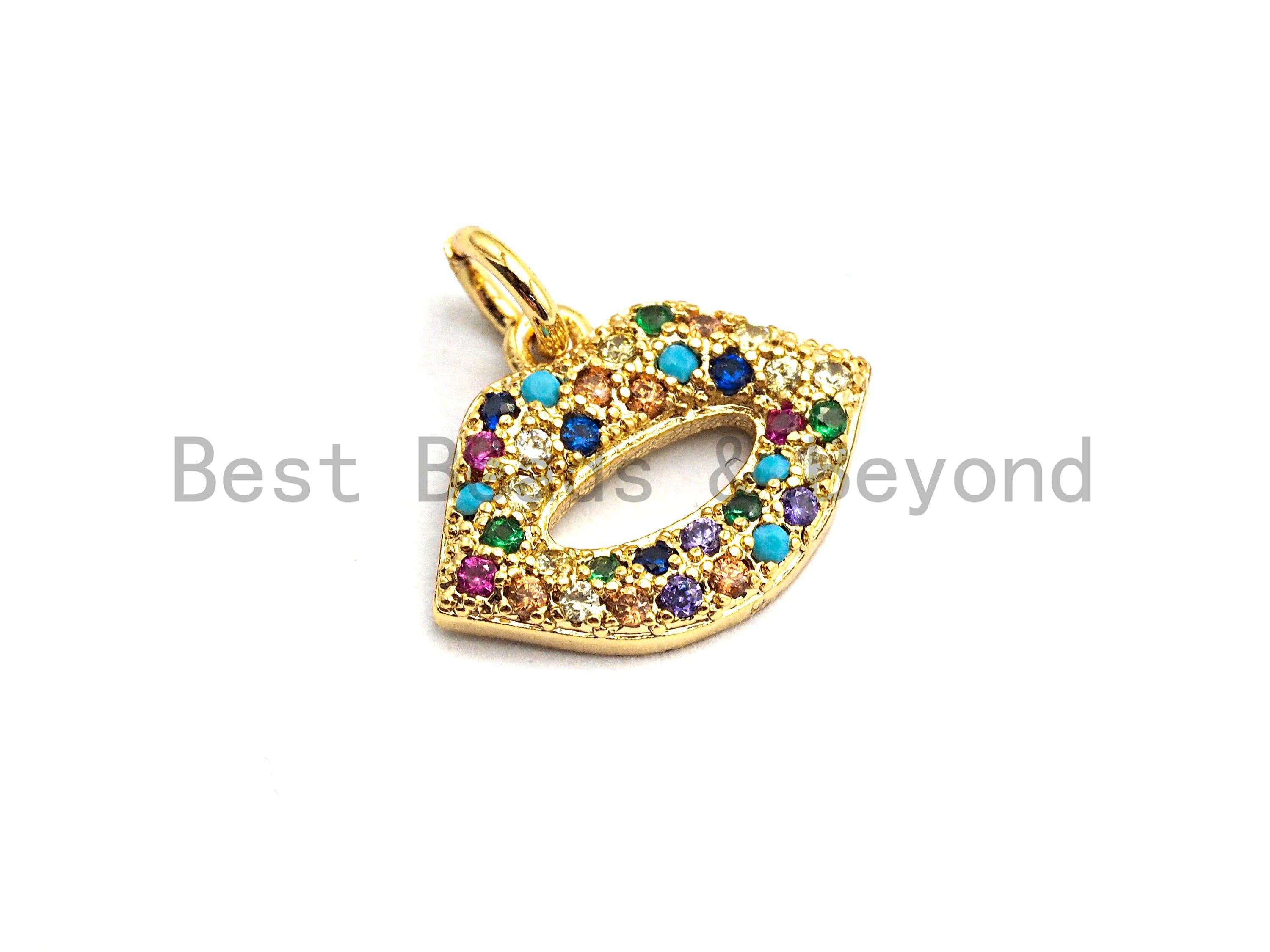 CZ Colorful Micro Pave Lip Charm, Lip Shaped Pave Pendant, Gold plated, 12x15mm, Sku#F750
