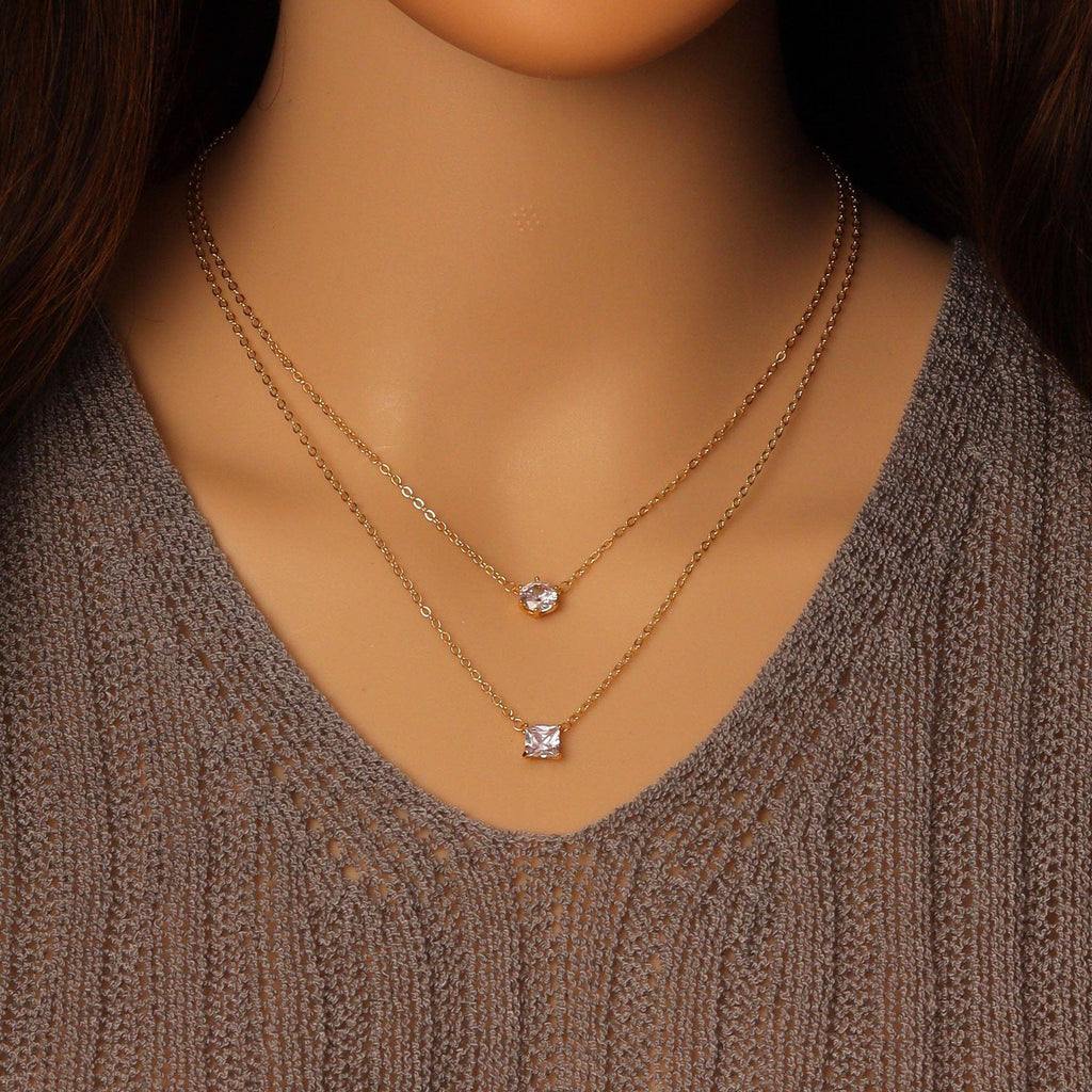 Dainty Gold Round Square Pendant Layering chain Necklace, sku#EF485