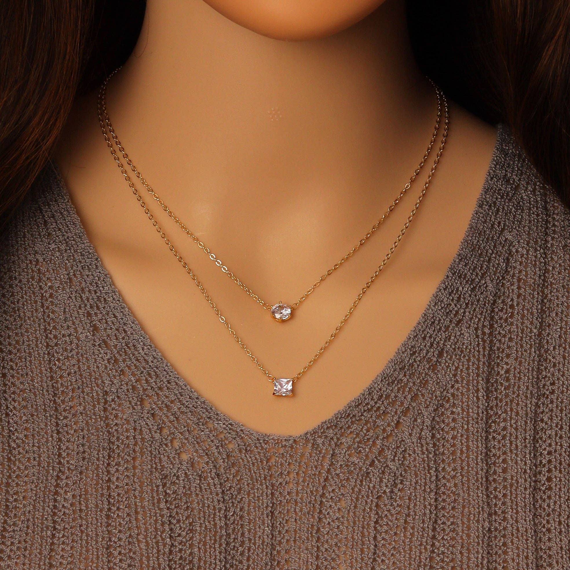 Dainty Gold Round Square Pendant Layering chain Necklace, sku#EF485