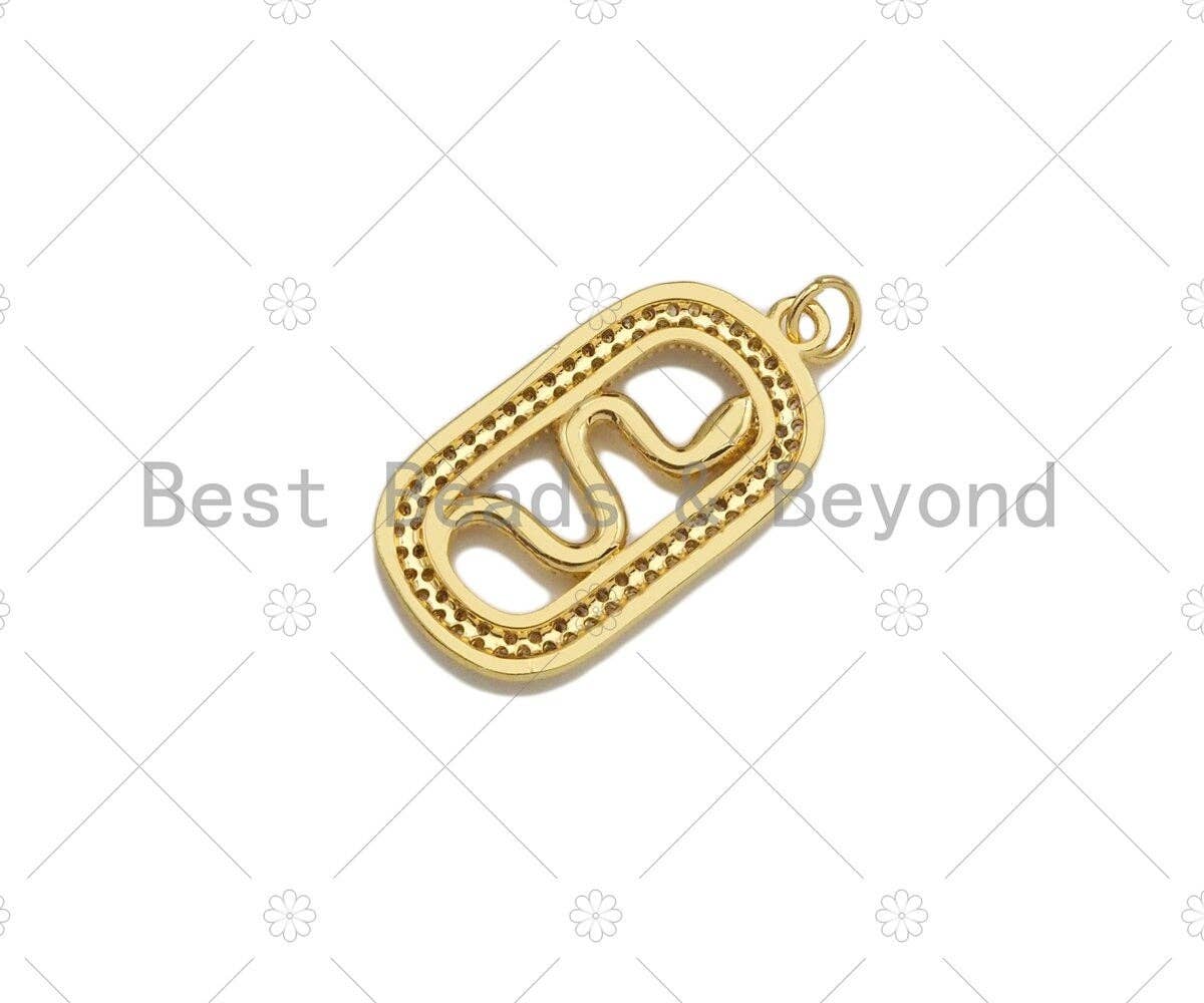 CZ Micro Pave Snake On Oval Shape Pendant/Charm,Cubic Zirconia Gold Charm, Necklace Bracelet Charm Pendant,15x28mm, Sku#LD31