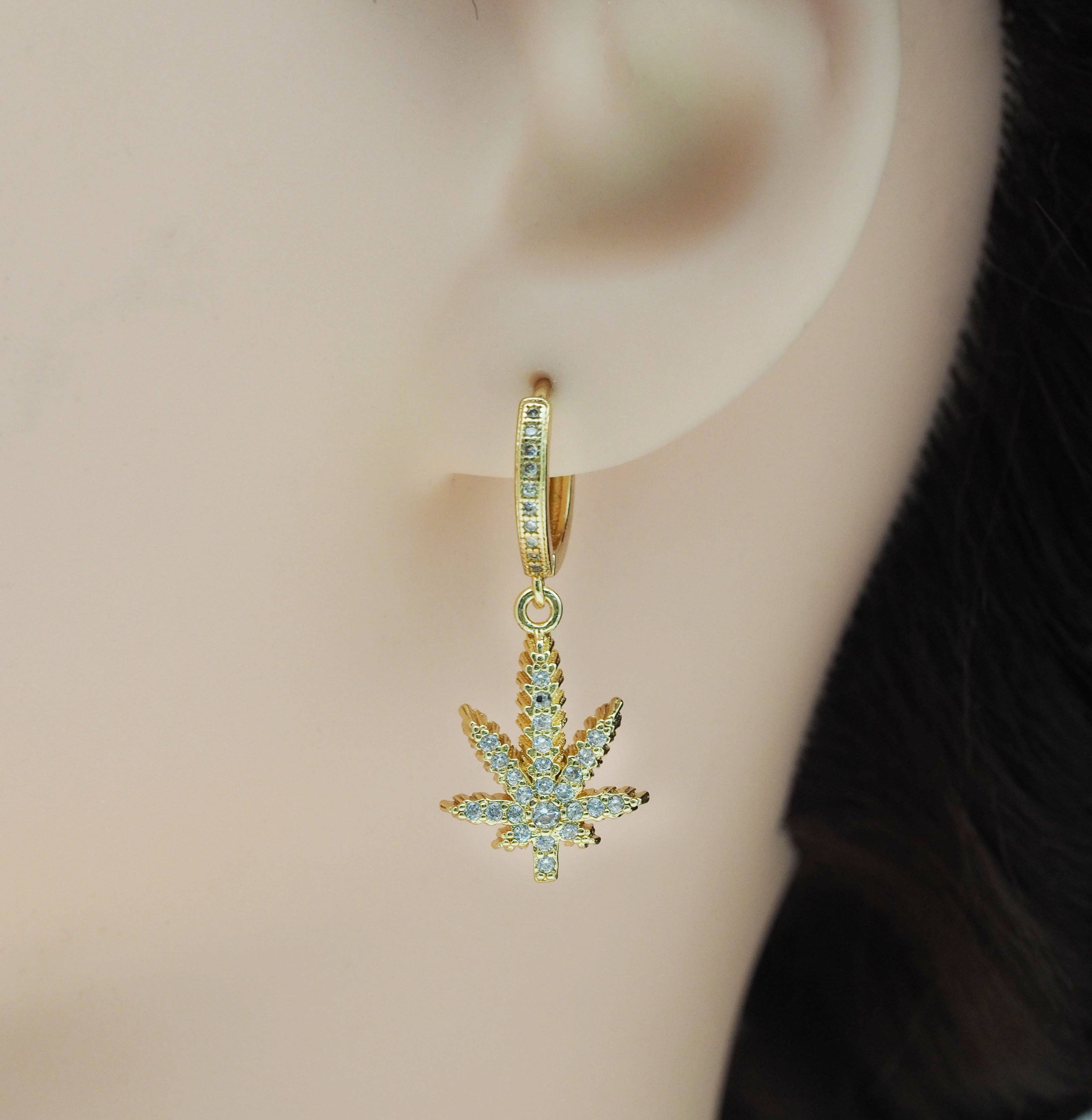 CZ Gold Leaf Hoop Earrings, Sku#EF252
