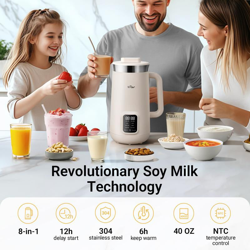 Bear 8 in 1 Nut Milk Maker Machine, 40Oz/1.2L Soy Milk Maker with Self Clean/12H Delay/6H Keep Warm, One Touch Alomnd Milk Maker for Homemade Oat, Soup, Juice, Plant Based and Non Dairy Beverages