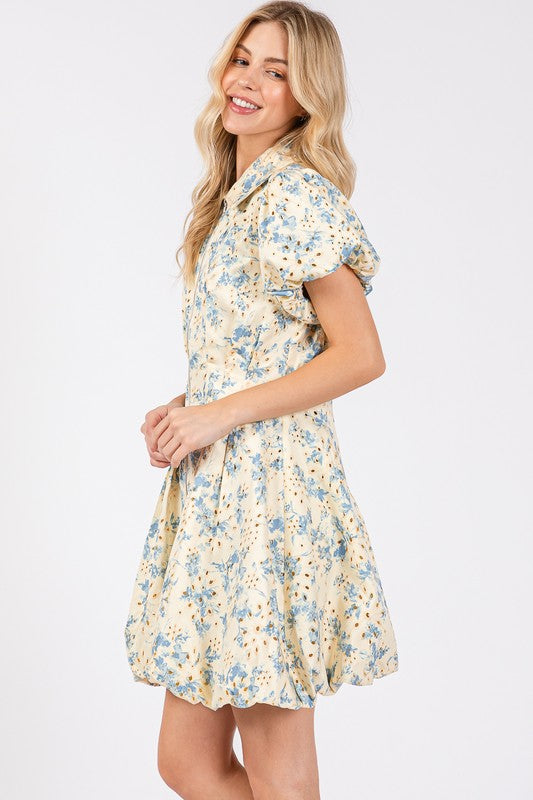 New Summer Floral Eyelet Zipper Front Puff Sleeve Mini Dress For Women – Elegant, Trendy and Chic Floral Eyelet Mini Dress with Puff Sleeves