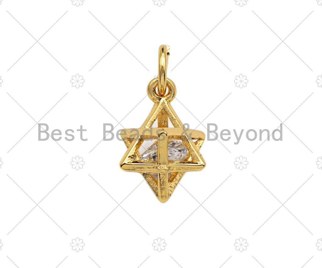 3D Gold Star With Big CZ Charms, Star Cage Pendant, Star Cage Necklace Bracelet Charms, 10x12mm, Sku#Y272