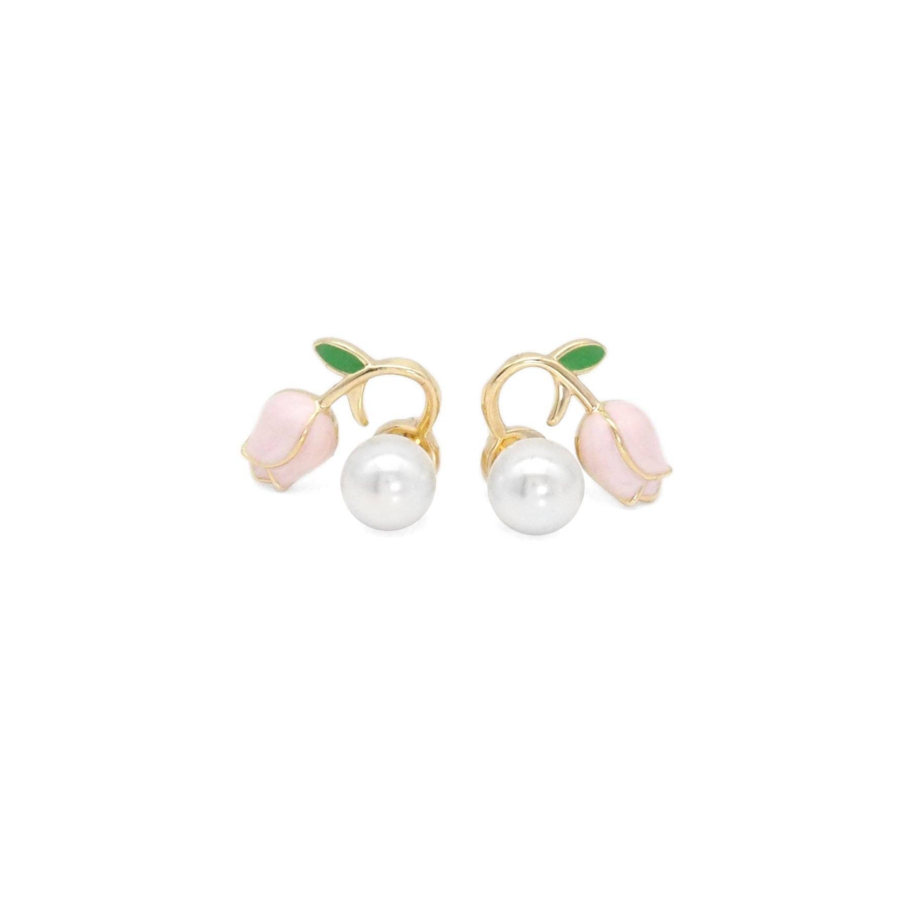 Gold White Pearl PinkTulip Earrings, Sku#ZX139