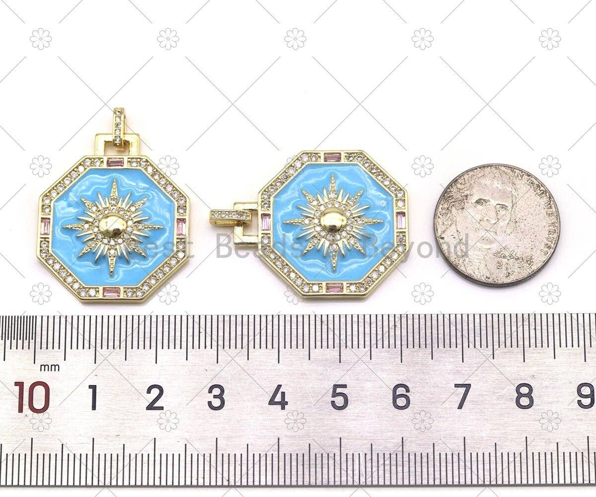 CZ Micro Pave Sun on Blue Enamel Octagon Shape Pendant, 18K Gold Filled Sunburst Charm, Necklace Bracelet Charm Pendant,Sku#Y548