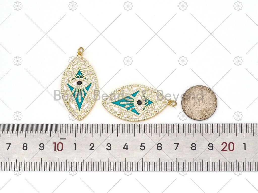 CZ Micro Pave Turquoise Enamel Evil Eye On Oval Leaf Shape Pendant, 18K Gold Filled Evil Eye Charm, Necklace Pendant,22x42mm, Sku#L631