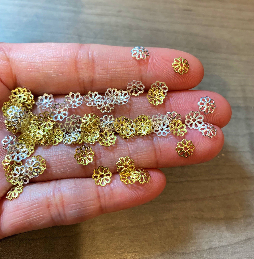 50pc Gold/Silver filigree Flower bead caps, C3