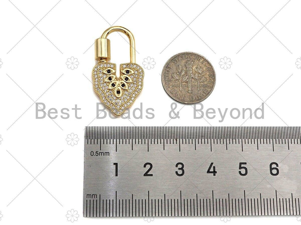 18K Gold Black Clear CZ Micro Pave Leaf Shape Clasp, Fancy Lock Clasp, Heart Shape Clasp,Pave Lock Pendant,17x31mm,sku#K148