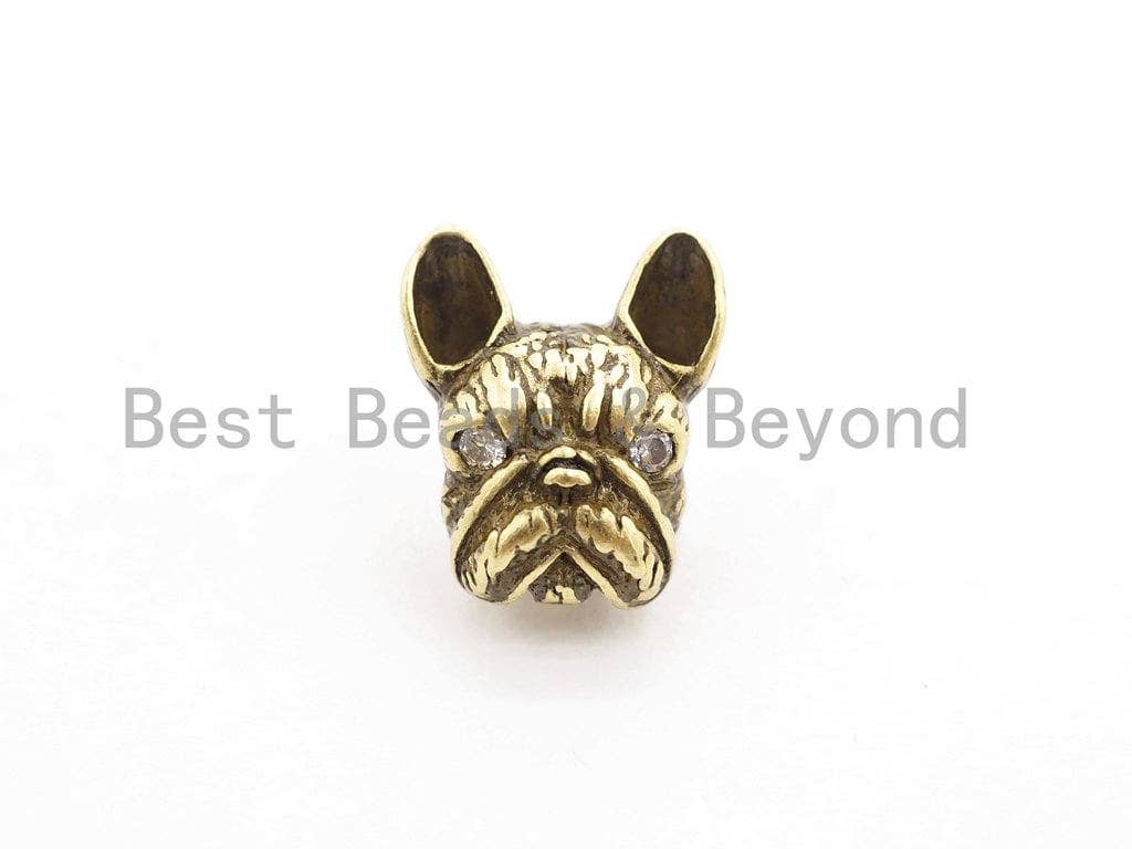 Antique Gold/Silver Bulldog Animal Head Bead, CZ Pave Mini Bulldog spacer beads, Dog Charm, Men's Bracelet DIY, 9x11x6mm, sku#Y134