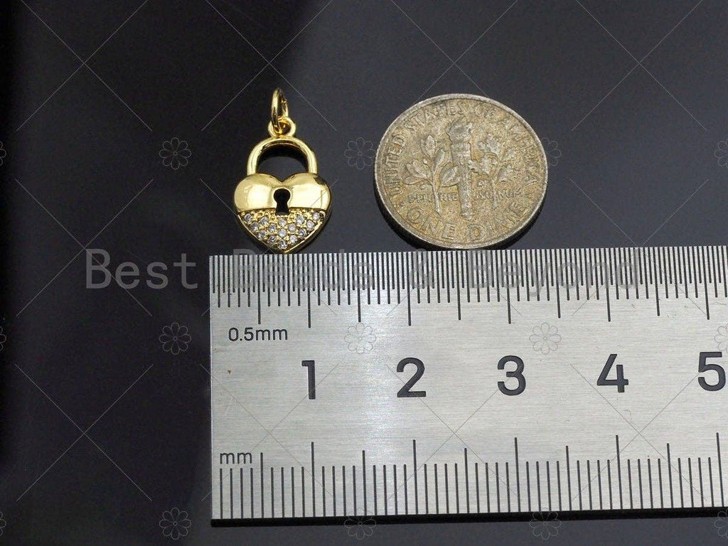 CZ Micro Pave Heart Lock Pendant, Heart Shape Charm, 18K Gold Lock Pendant,16x10mm, Sku#JL10