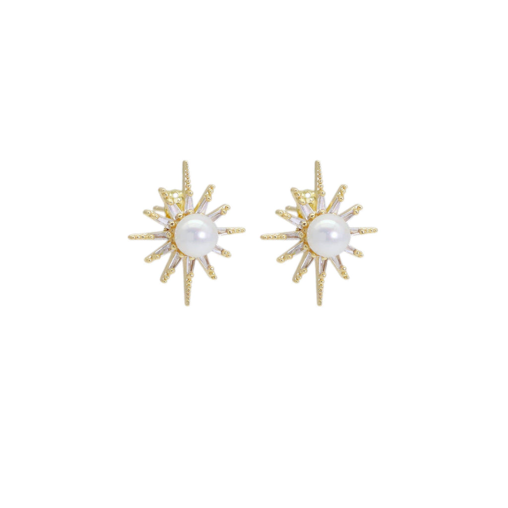 CZ Gold Starburst White Pearl Stud Earrings, Sku#ZX191