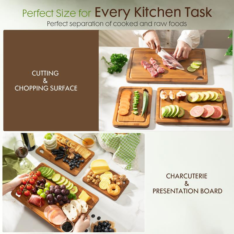 Astercook 4-Piece Bamboo Cutting Board Set with Holder Composite Side Cutting Board for Kitchen Use Chopping Kitchen Knives