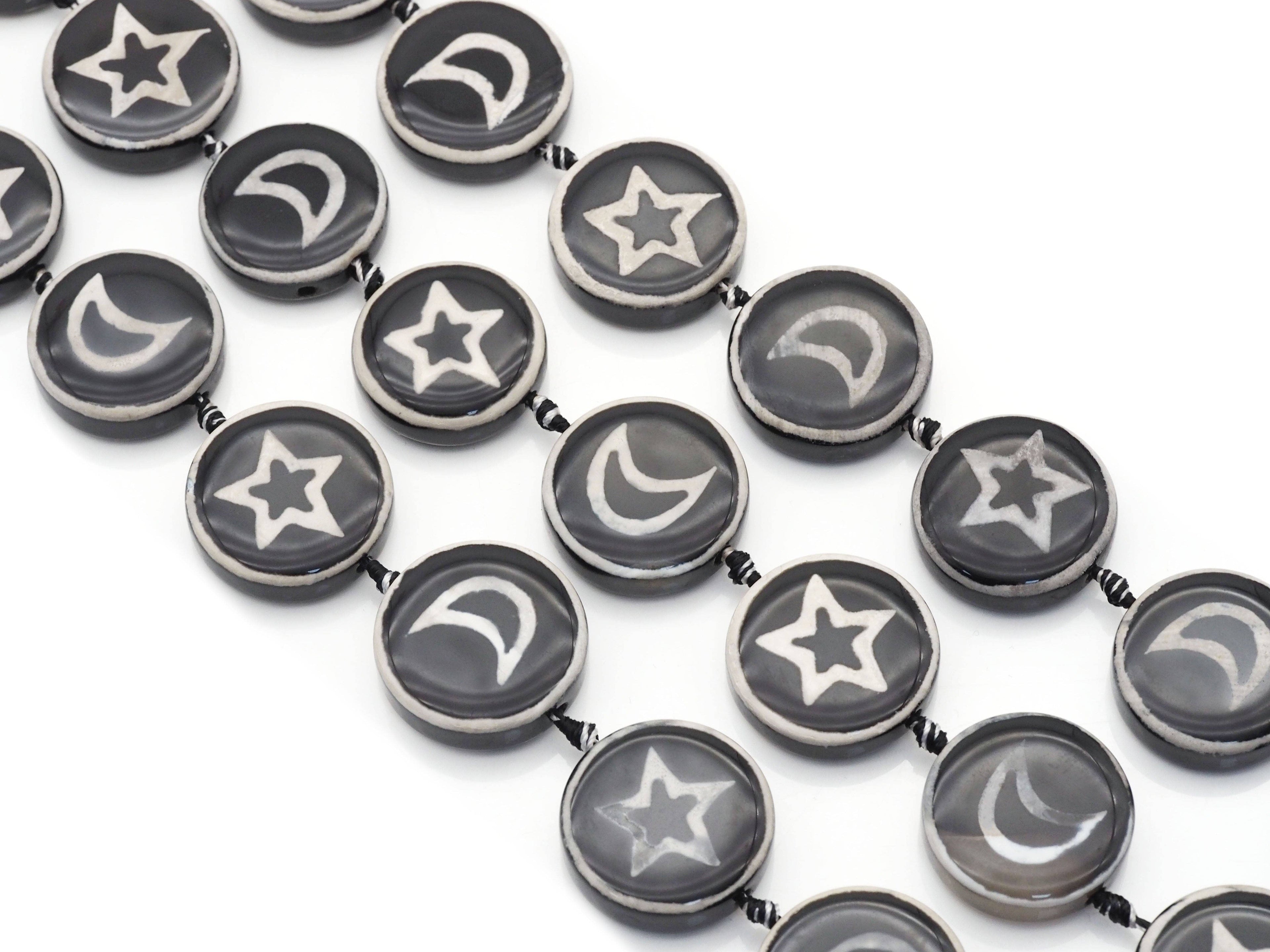 Natural Black White Moon Star Tibetan Agate Smooth Coin Beads, 30mm, Sku#U1403