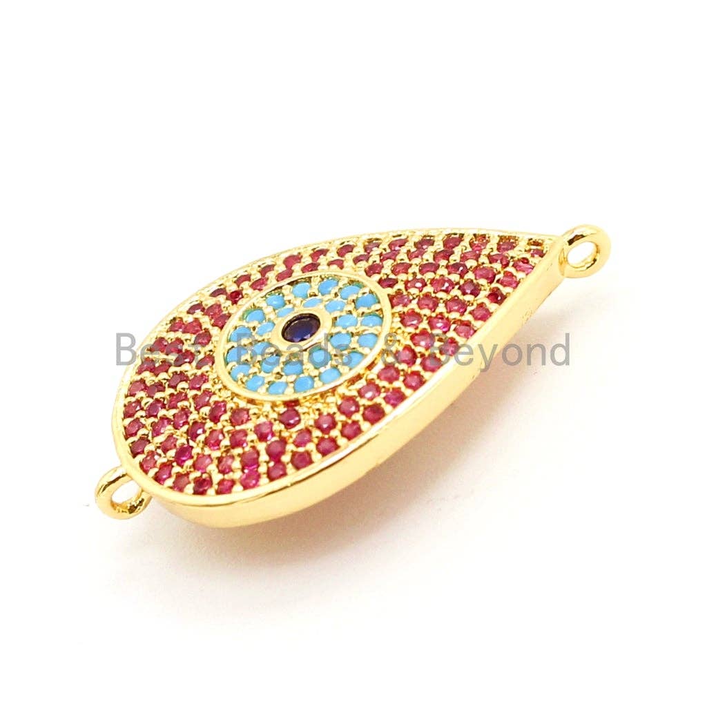 CZ Micro Pave Fuchsia Teardrop Connector with Turquoise Evil Eye for Bracelet/Necklace, Cubic Ziroconia Space Connector, 15x27mm,sku#E26C