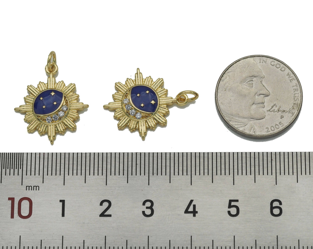 CZ Gold Enamel Moon Star on Flower Charm, Sku#LX127