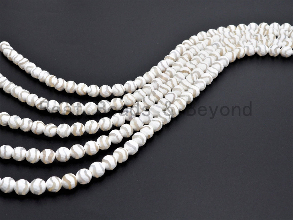 Quality Dzi White Agate beads, Round Faceted Wavy Lines, 6mm/8mm/10mm/12mm, Tibetan beads, White Lace Agate Beads, 15.5inch strand, SKU#U402