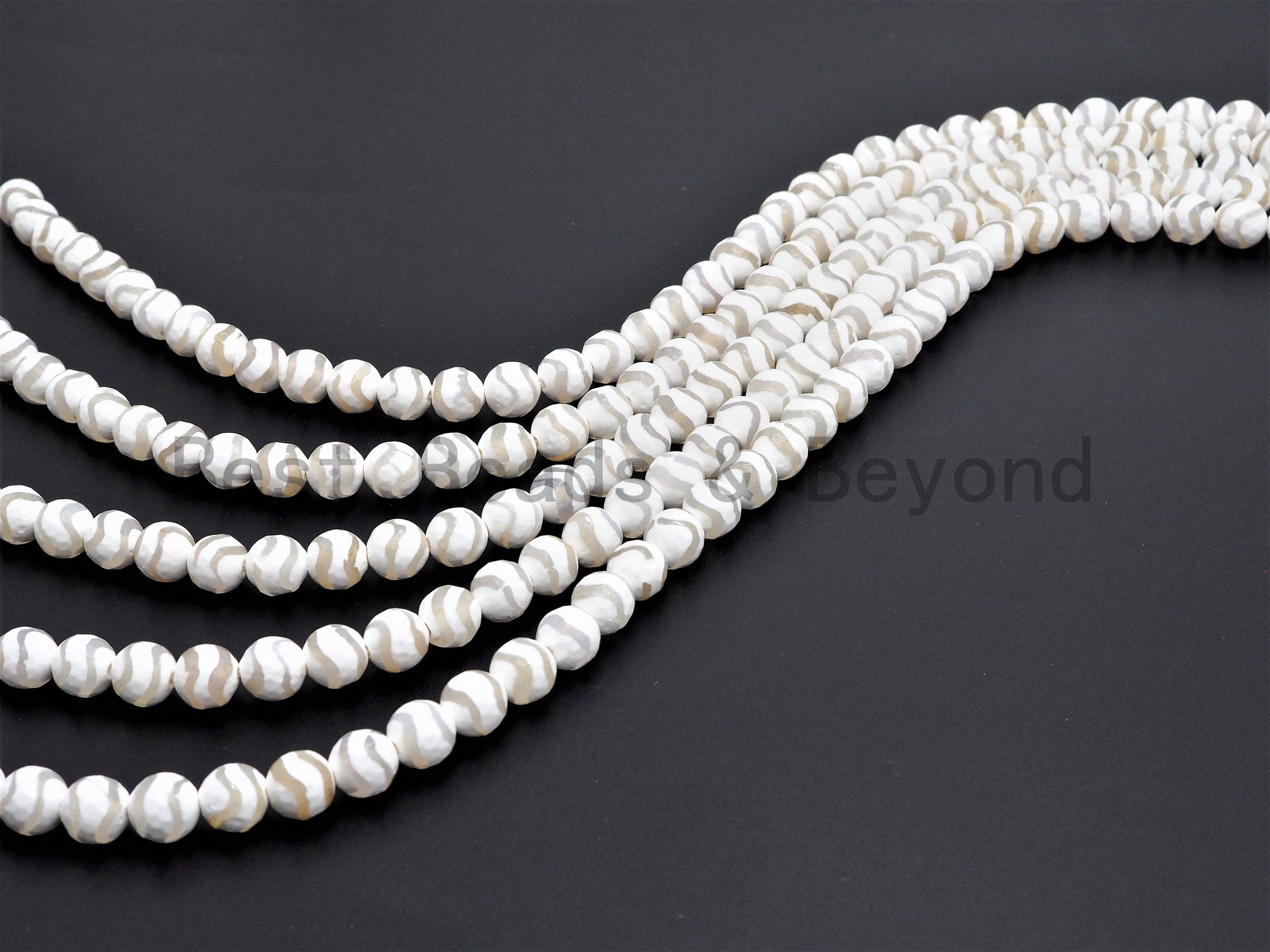 Quality Dzi White Agate beads, Round Faceted Wavy Lines, 6mm/8mm/10mm/12mm, Tibetan beads, White Lace Agate Beads, 15.5inch strand, SKU#U402