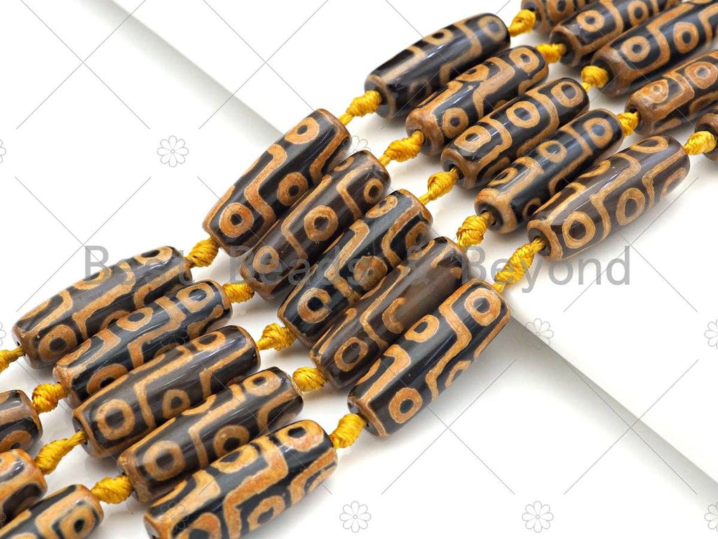 Natural Tibetan Agate Barrel Beads, Yellow Black Dzi Drum Beads, Tibetan Dzi Beads, 10x30mm, Sku#U1041