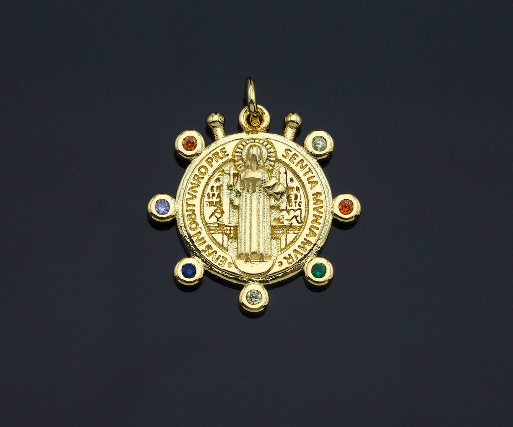 Colorful CZ Spike Saint Benedict Jesus Charm, Sku#Z1145
