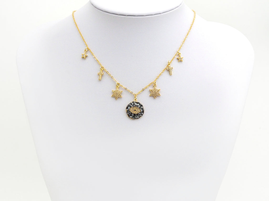 Gold Evil Eye Coin CZ Charm Necklace, Coin Necklace, Cross Star Necklace, Layering Necklace/Gold Disc Necklace, Dainty Necklace, Sku#Z710