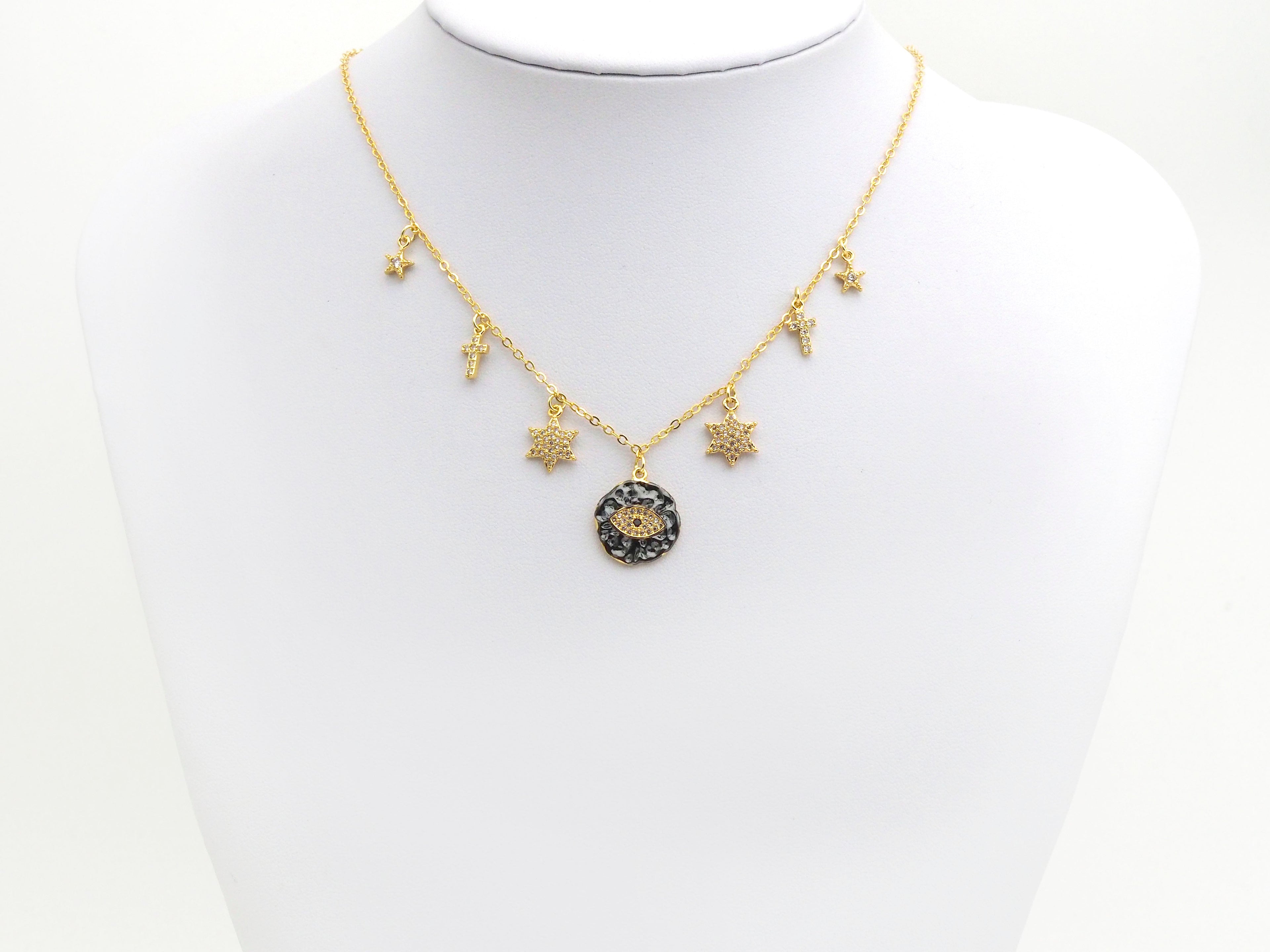 Gold Evil Eye Coin CZ Charm Necklace, Coin Necklace, Cross Star Necklace, Layering Necklace/Gold Disc Necklace, Dainty Necklace, Sku#Z710