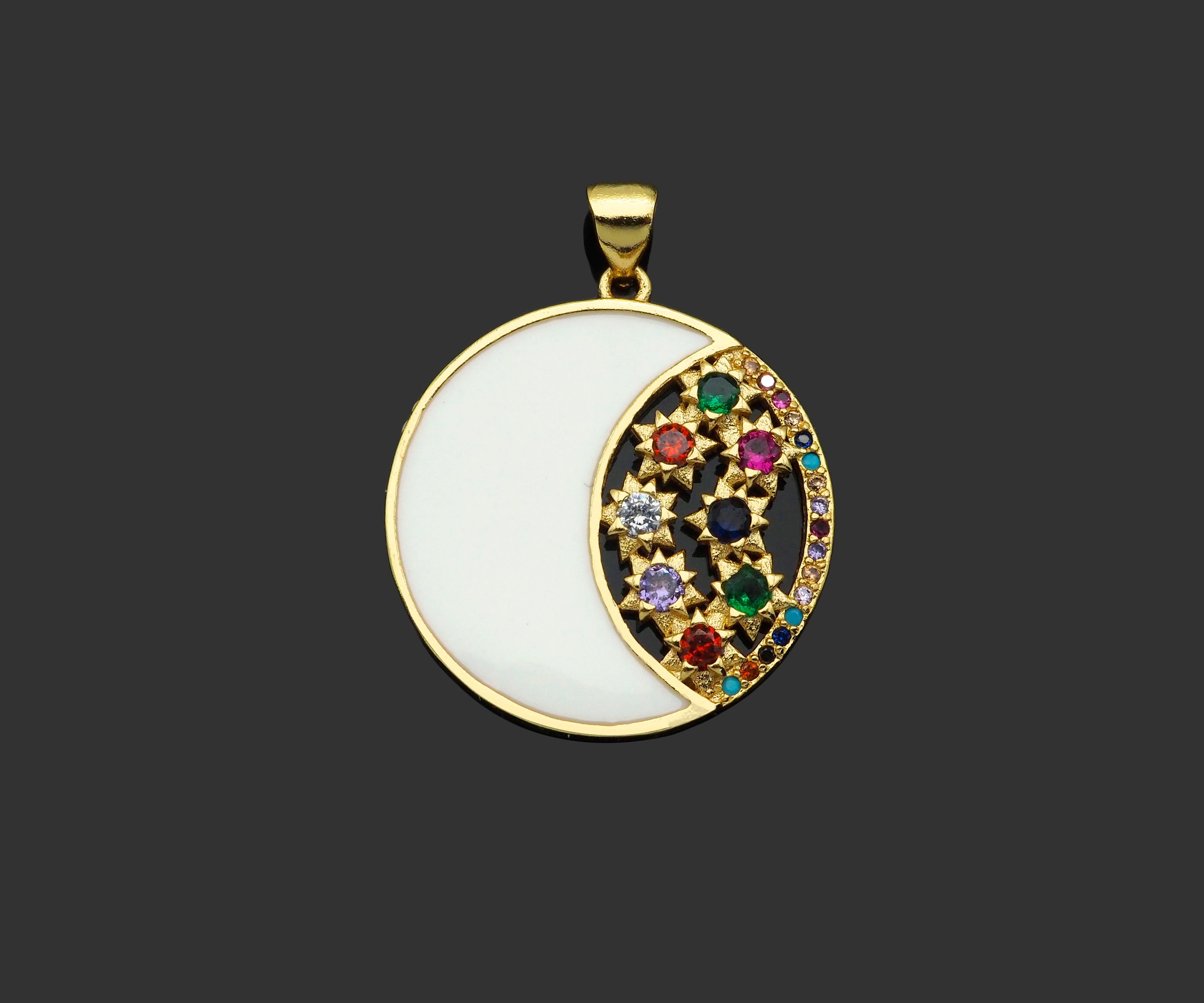 Colorful Enamel Cresent Moon with Colorful CZ On Round Shape Pendant, 18K Gold Filled Enamel Moon Charm,26x28mm,Sku#JL50