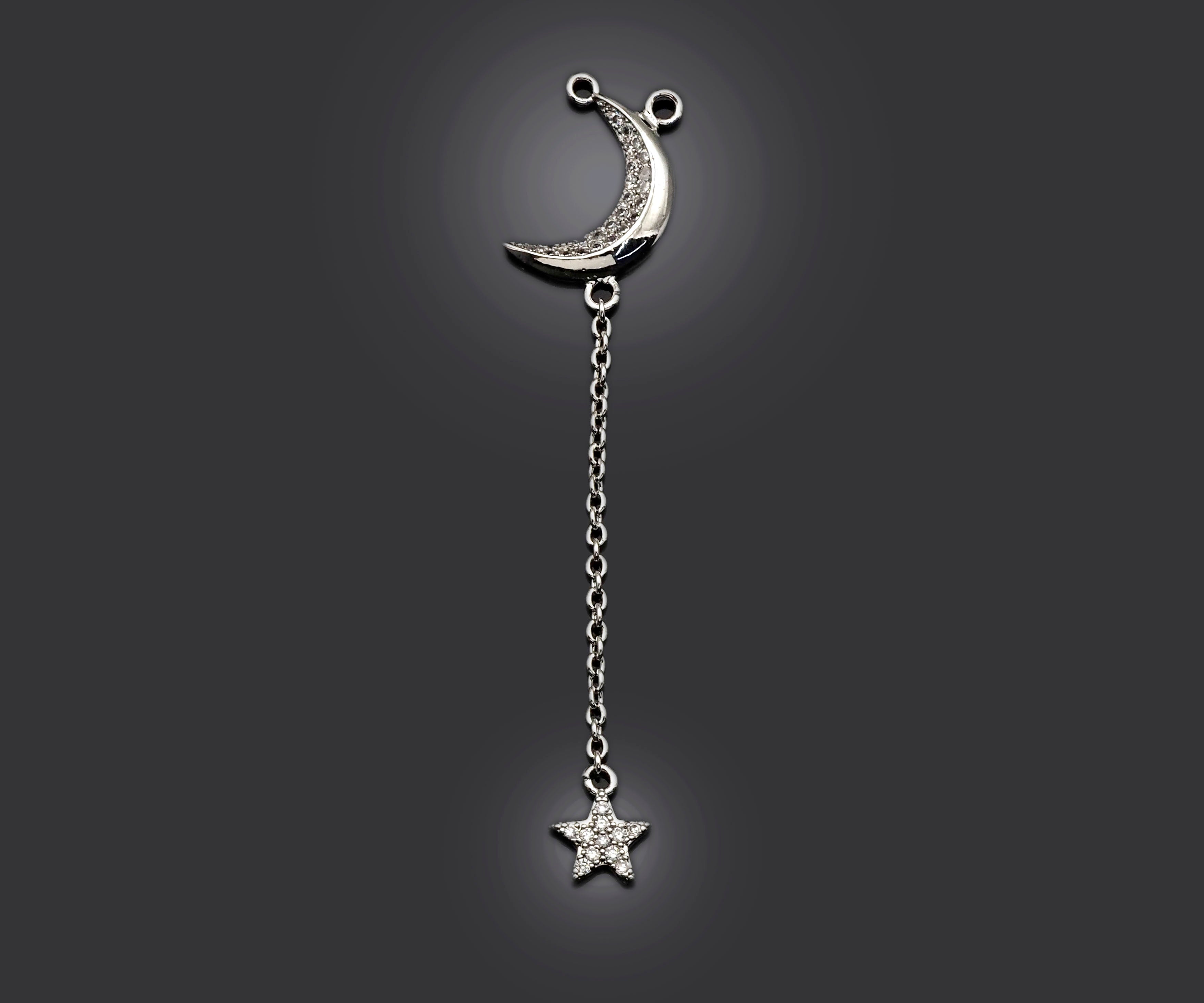 CZ Micro Pave Moon North Star Pendant/Charm, Star Moon Pendant, Clear CZ Micro Pave Charm, 11x55mm, sku#F1266