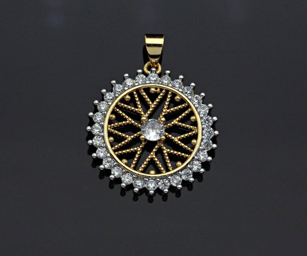 Gold Filigree Flower On CZ Micro Pave Round Ring Charms, Gold Charms, CZ Pave Pendant,Necklace Charms, 24x26mm, Sku#F1280
