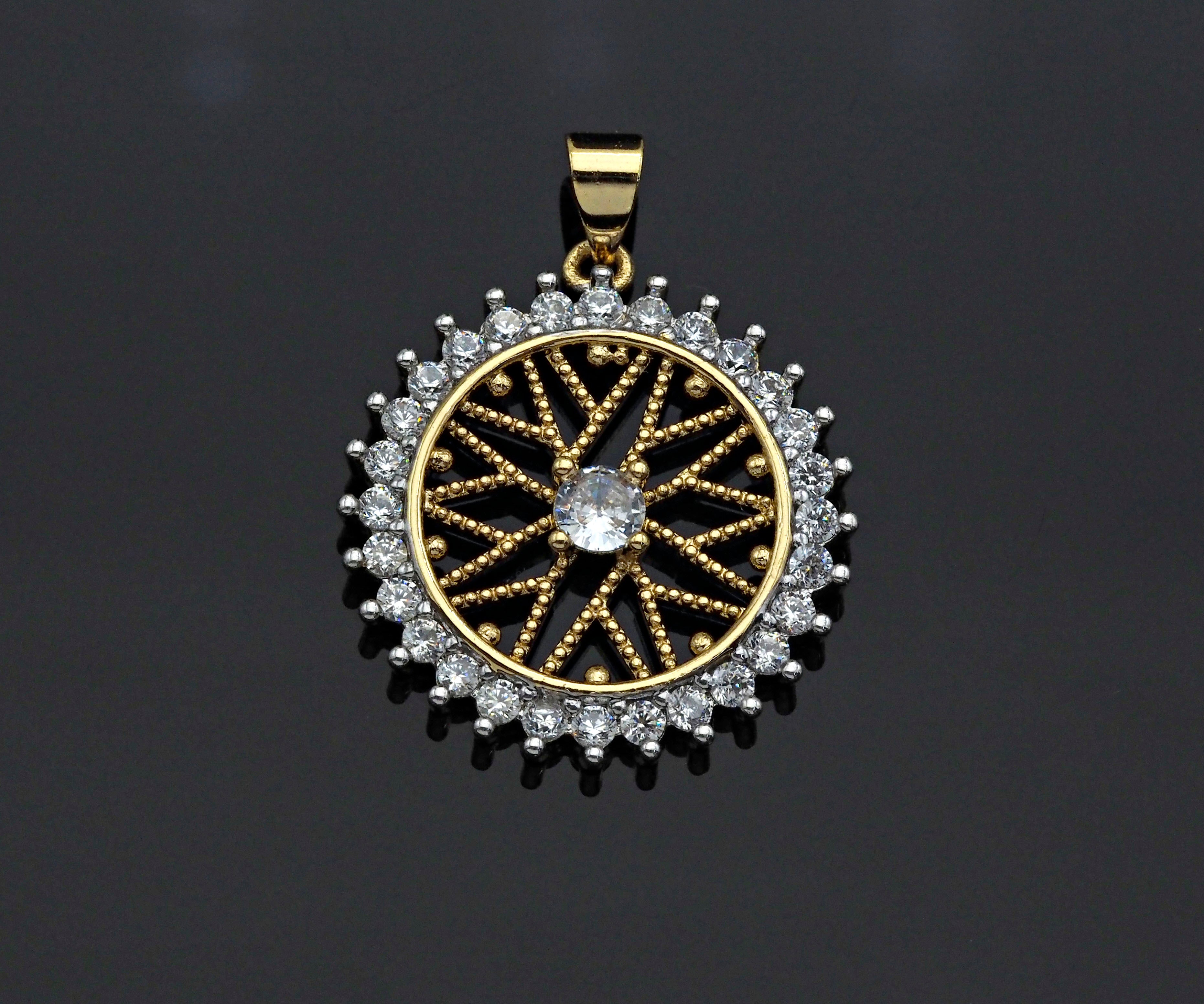 Gold Filigree Flower On CZ Micro Pave Round Ring Charms, Gold Charms, CZ Pave Pendant,Necklace Charms, 24x26mm, Sku#F1280