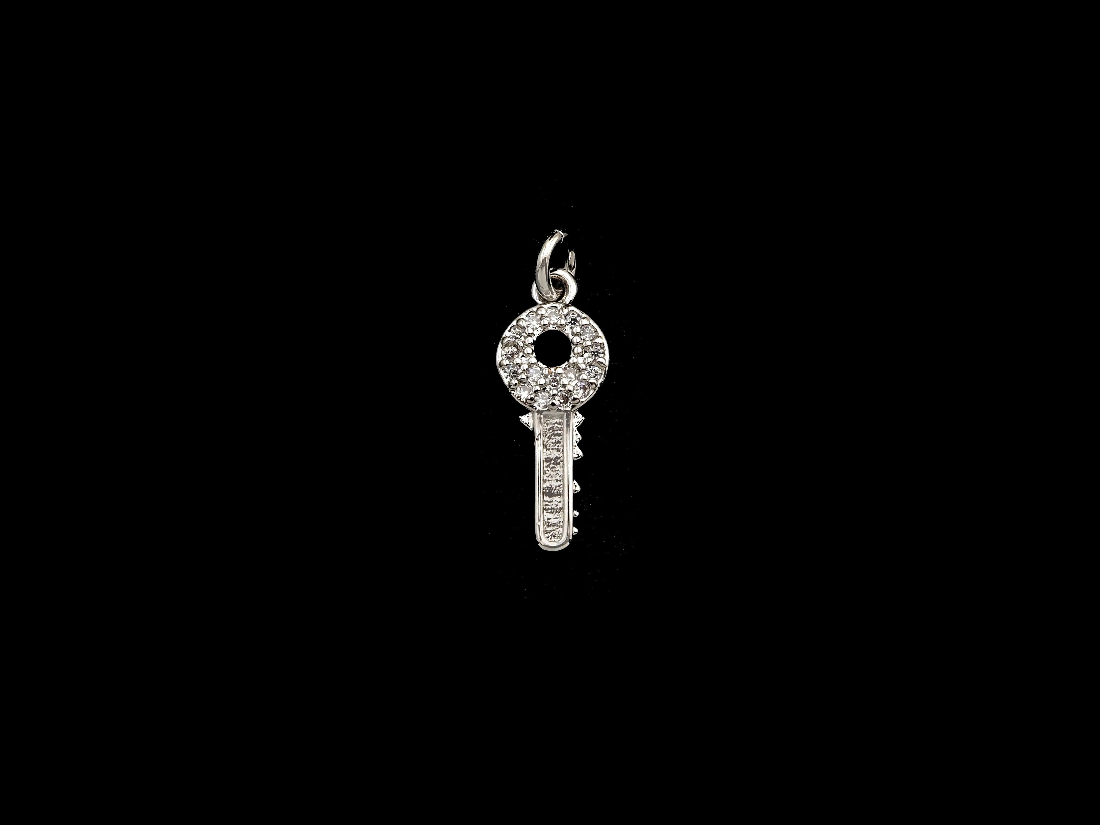 CZ Micro Pave Key Shaped Pendant/Charm, Clear Cubic Zirconia Pave Charm, Small Key Charm, 7x17mm, sku#F1138