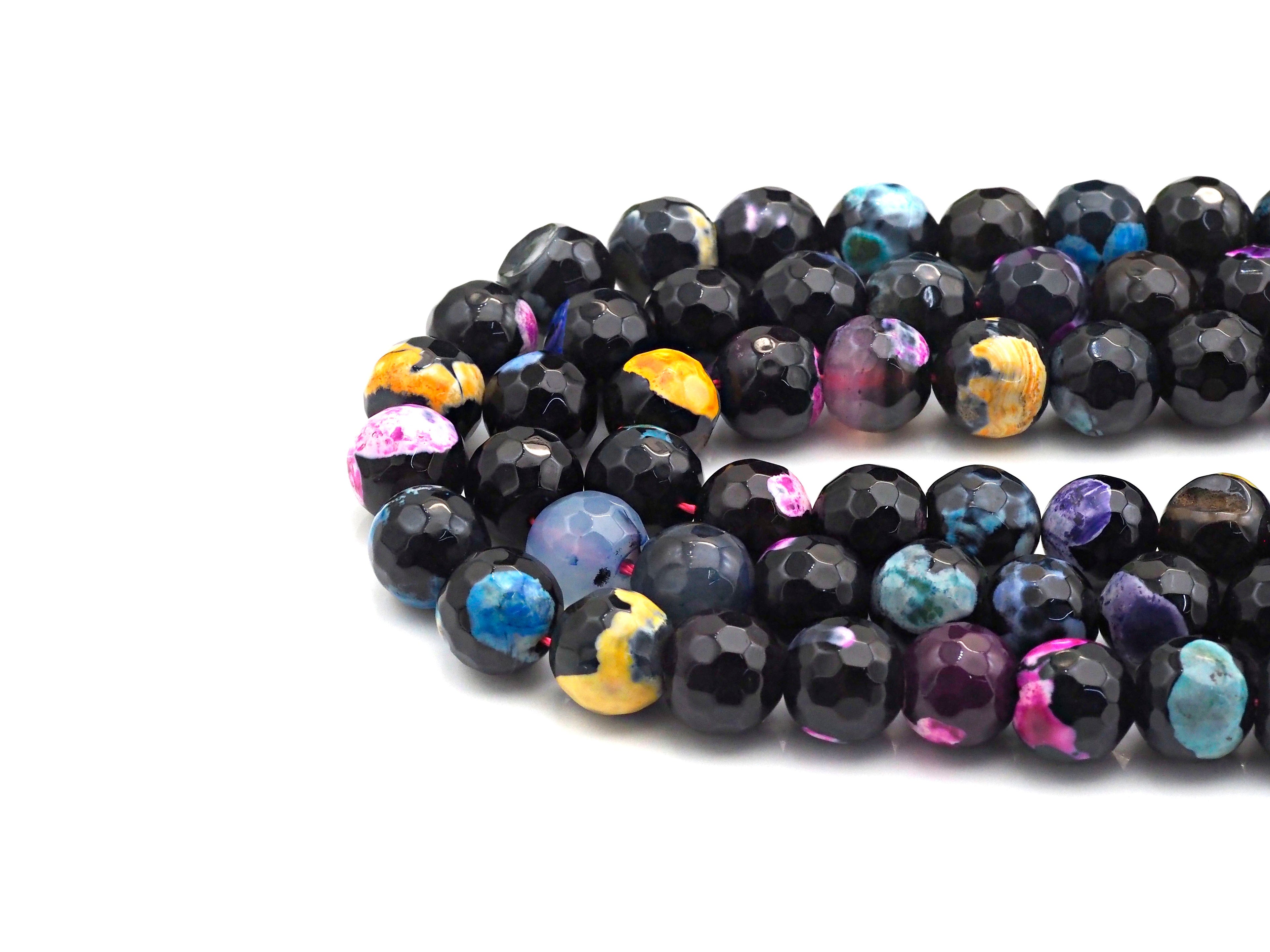 Fire Agate Beads, Orange Pink Blue Black, 6mm/8mm/10mm/12mm/14mm Faceted Round Natural Gemstone Loose Beads, 15.5" Full Strand, sku#UA57