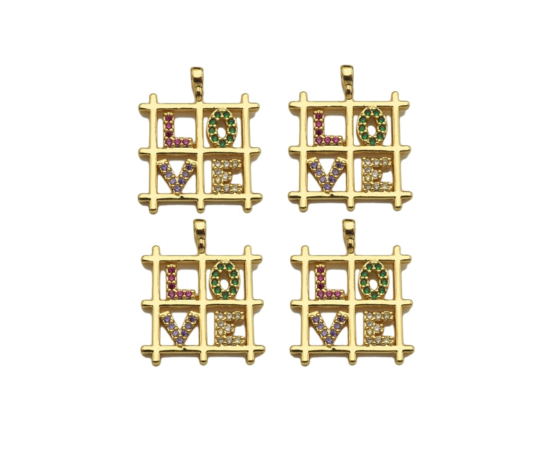 Colorful CZ Micro Pave Love Word On Pane Shape Pendant,18K Dainty Gold Charm, Necklace Bracelet Charm Pendant,17x20mm, Sku#LD36