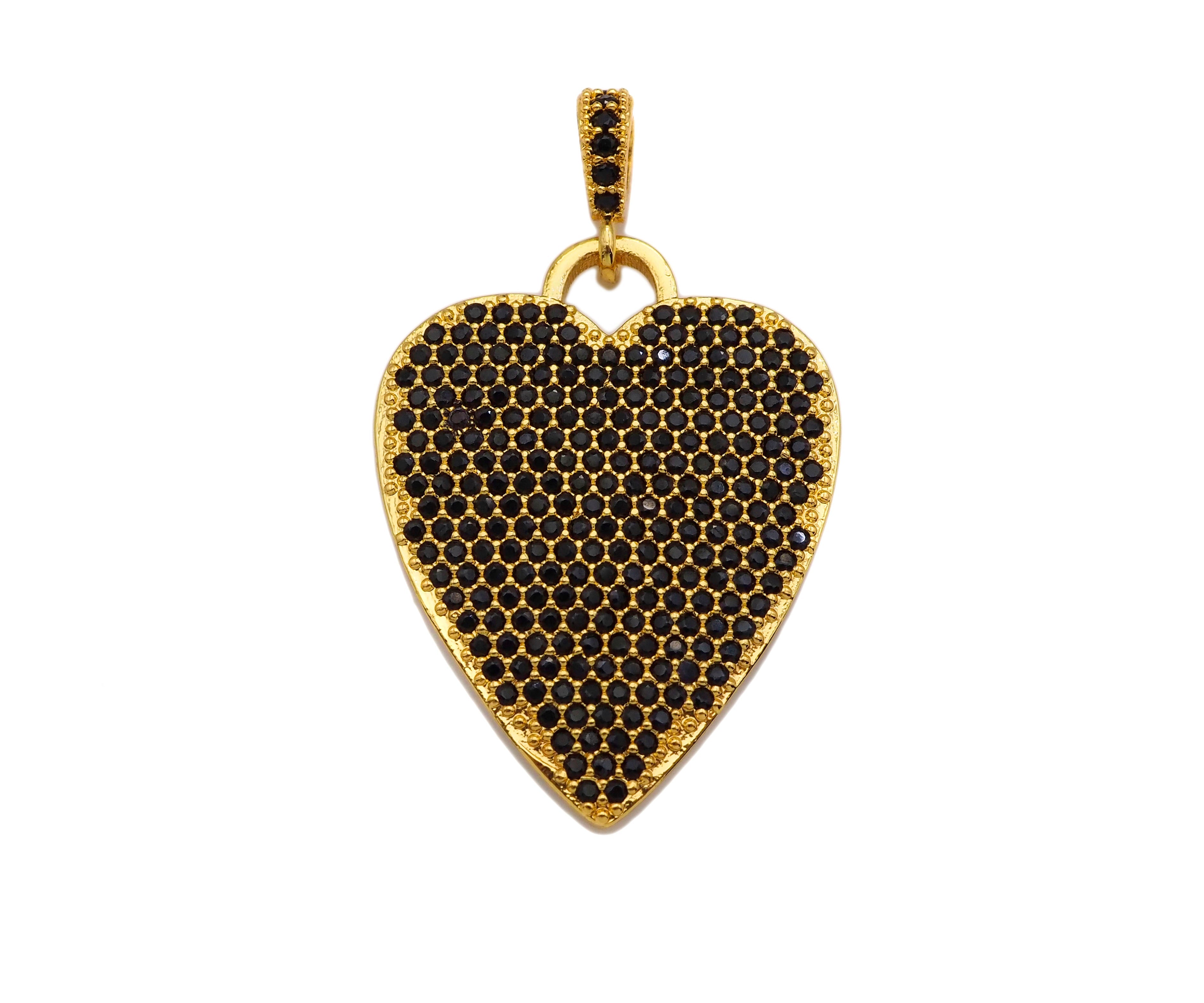 CZ Micro Pave Black Heart Charms, Dainty Gold CZ Heart Pendant, Heart Necklace Charms, 22x28mm, Sku#Z1247