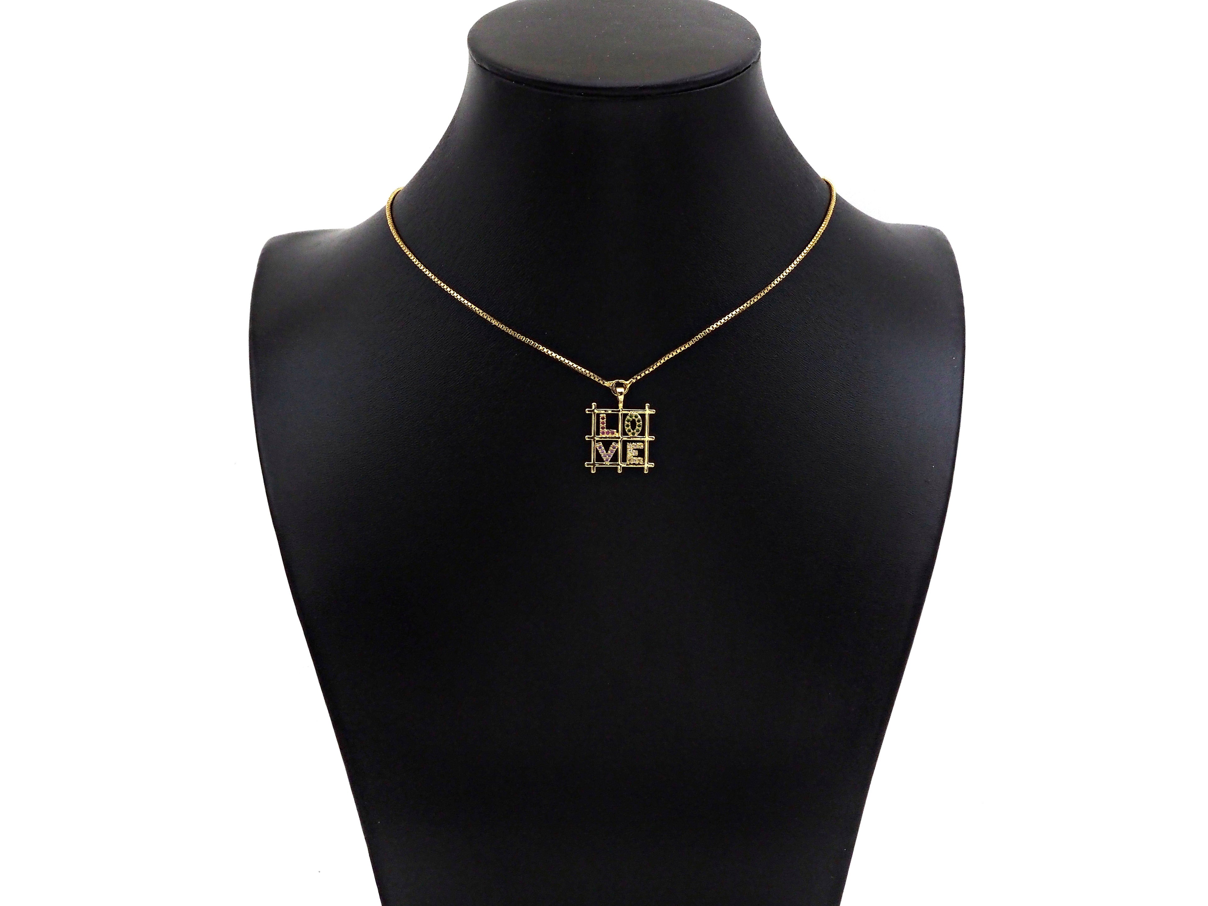 Colorful CZ Micro Pave Love Word On Pane Shape Pendant,18K Dainty Gold Charm, Necklace Bracelet Charm Pendant,17x20mm, Sku#LD36
