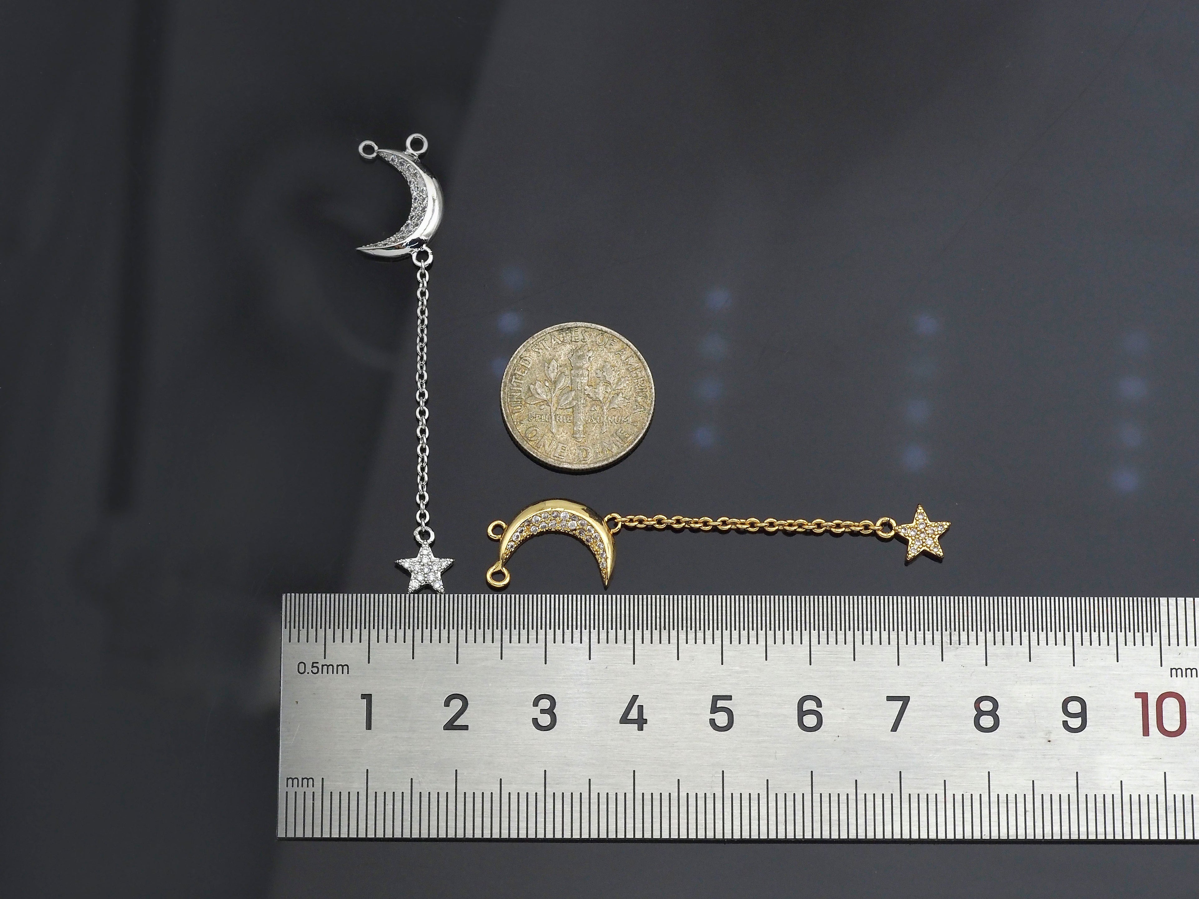 CZ Micro Pave Moon North Star Pendant/Charm, Star Moon Pendant, Clear CZ Micro Pave Charm, 11x55mm, sku#F1266