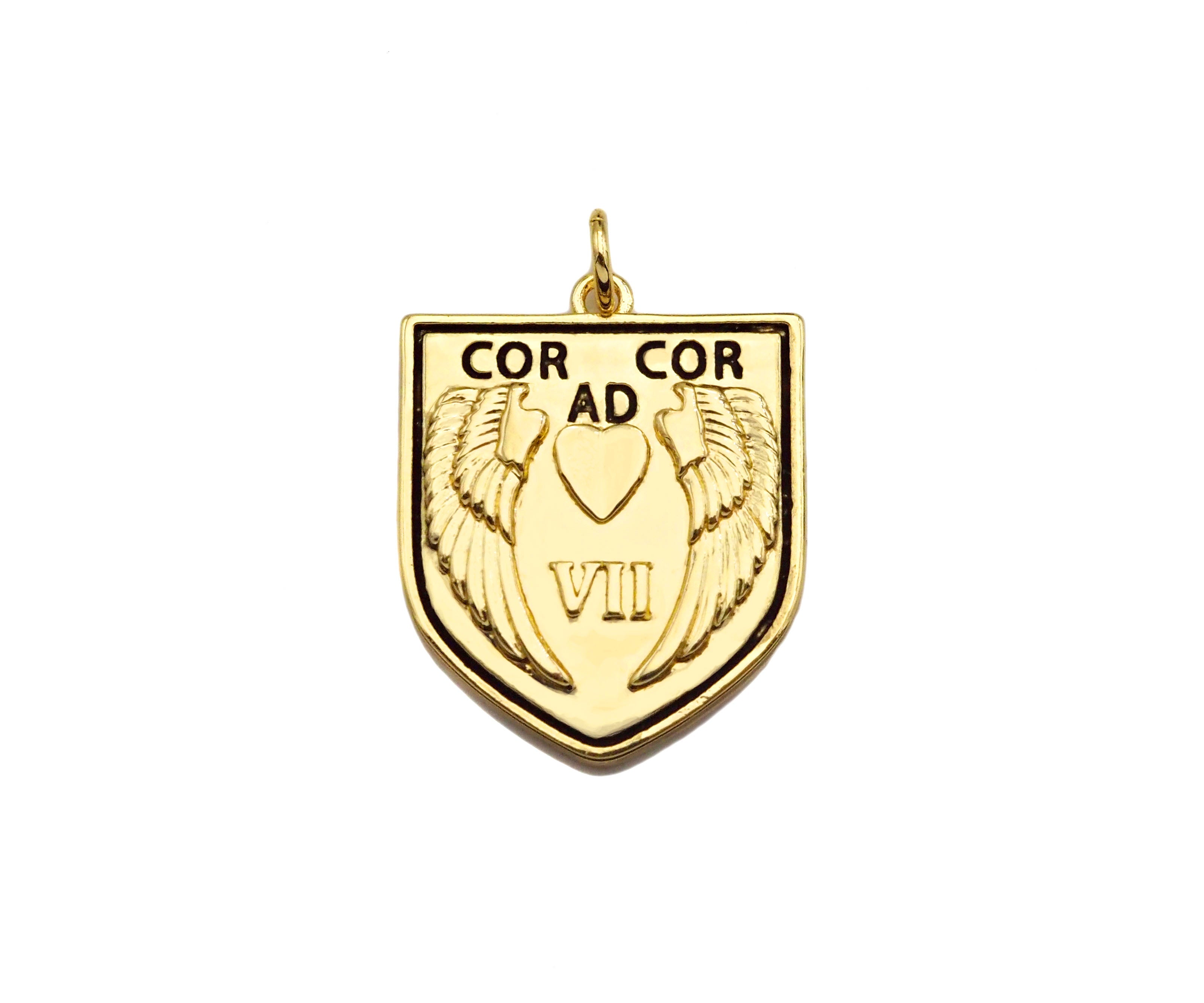 Dainty Angle Wings Heart On Shield  Shape Pendant,Gold/Silver Medallion Charm, Shield Necklace Bracelet Charm Pendant,19x24mm, Sku#L538
