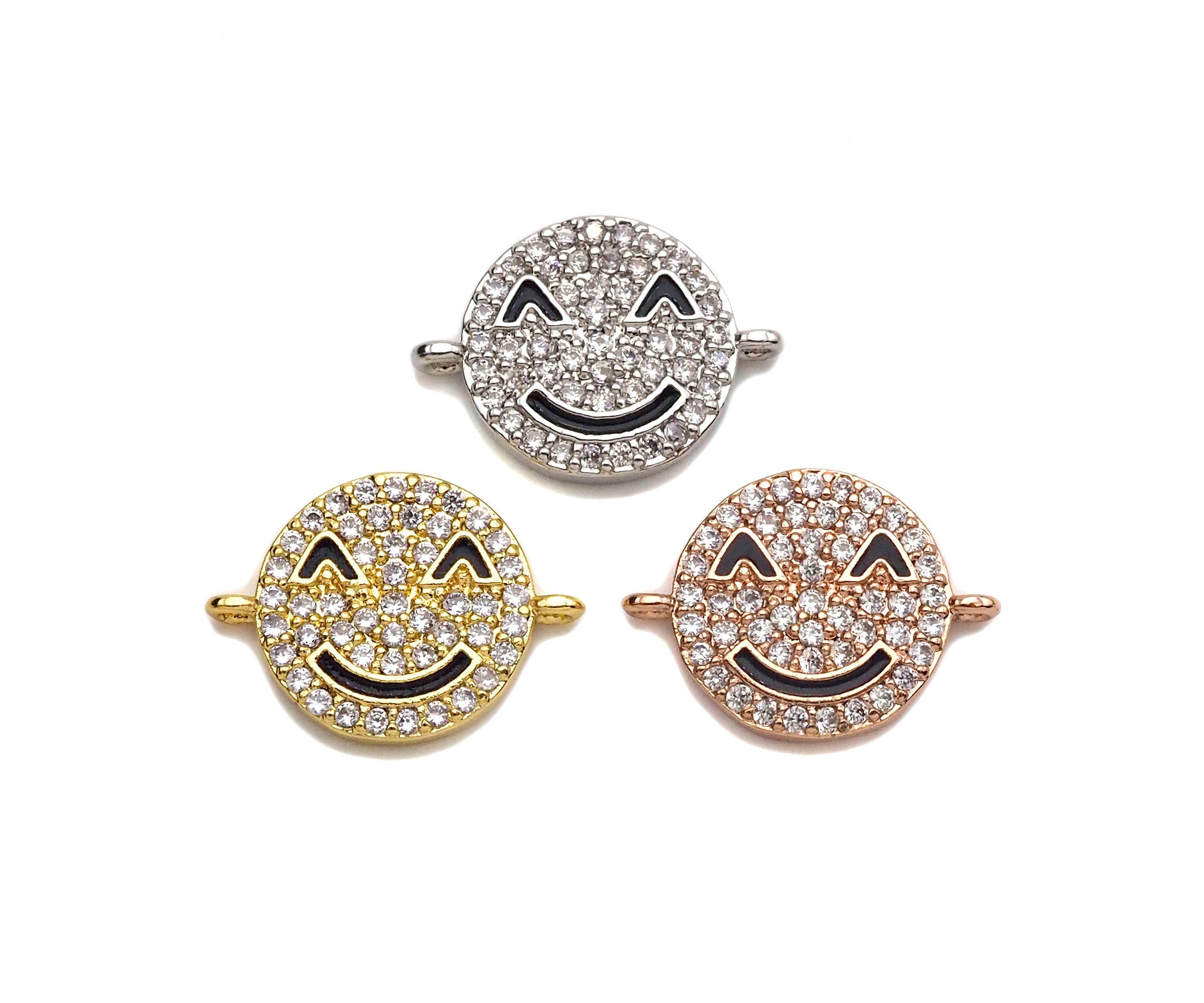 CZ Micro Paved Smiley Face Round Coin Connector,Cubic Zirconia Connector,Rose Gold/Silver/Gold plated, 12x16mm,Sku#Z1300
