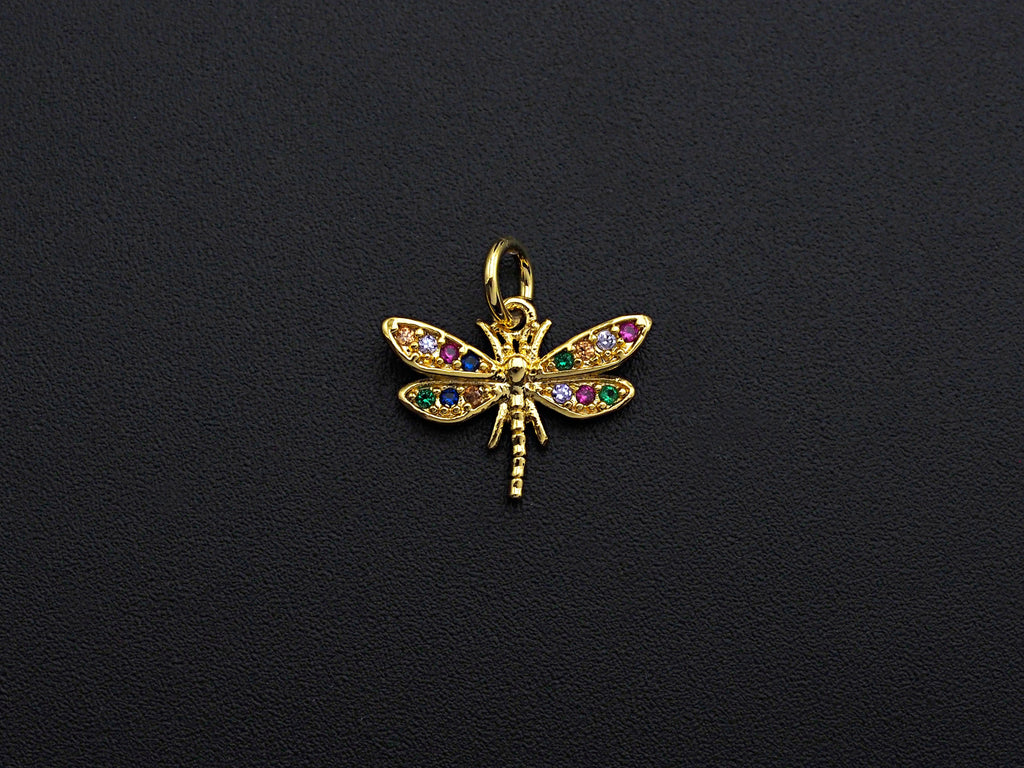Colorful CZ Micro Pave Dragonfly Shape Pendant,Cubic Zirconia Dragonfly Charm, Gold Tone, 12x16mm,sku#Z739