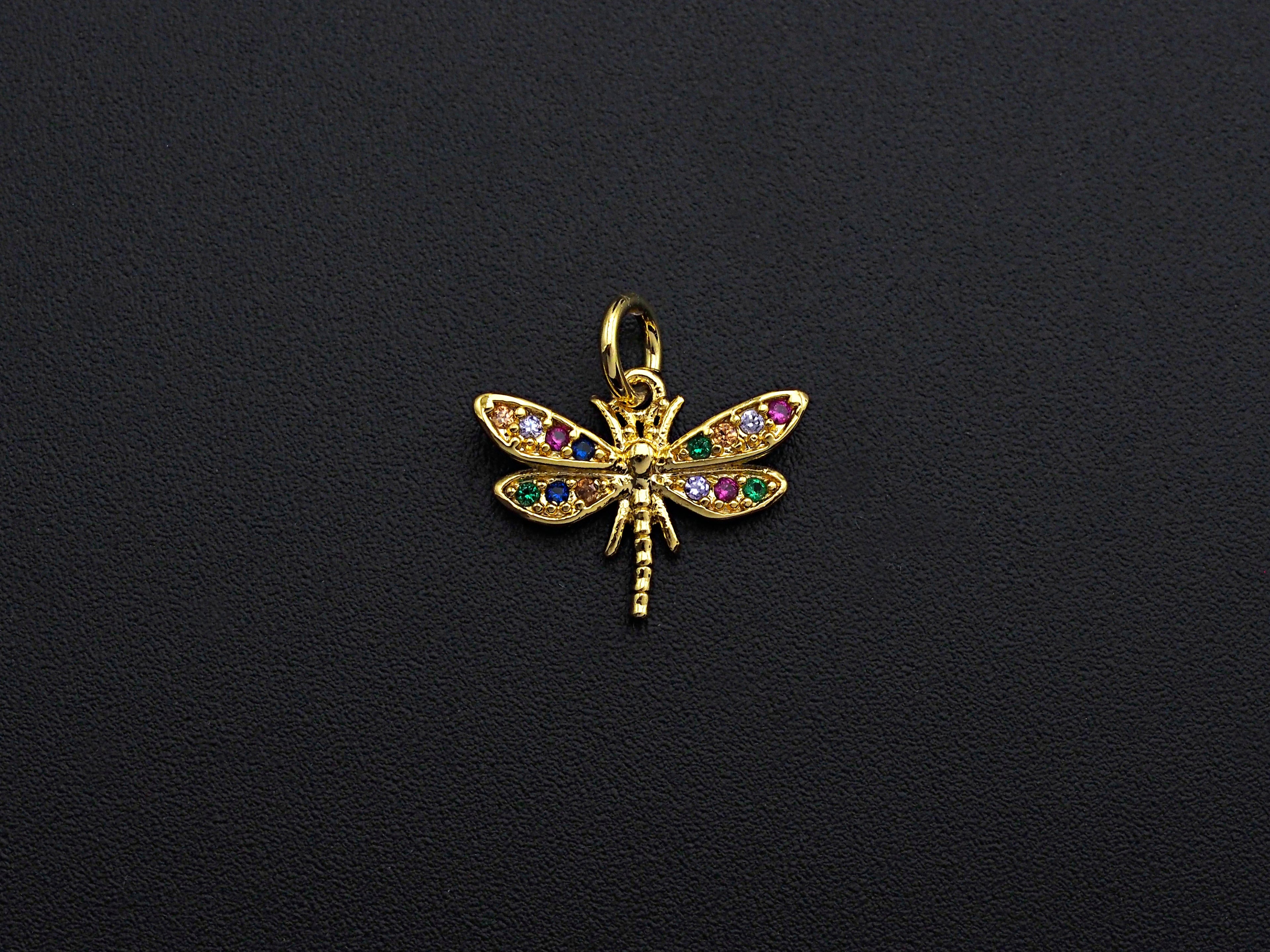 Colorful CZ Micro Pave Dragonfly Shape Pendant,Cubic Zirconia Dragonfly Charm, Gold Tone, 12x16mm,sku#Z739