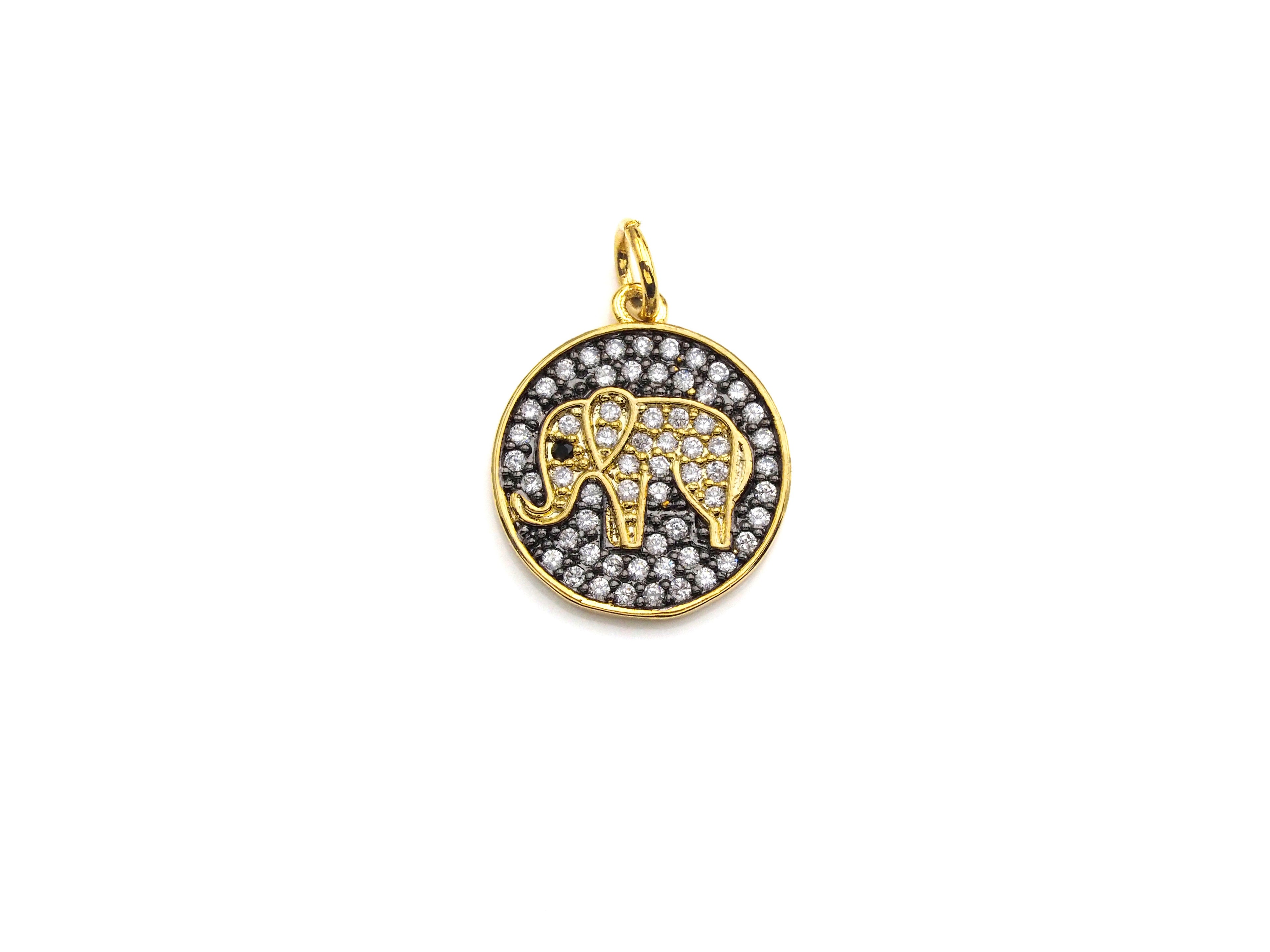 CZ Clear Micro Pave Elephant On Round Coin Pendant, Round Shaped Pave Pendant, Gold plated, 15mm, Sku#Z1014