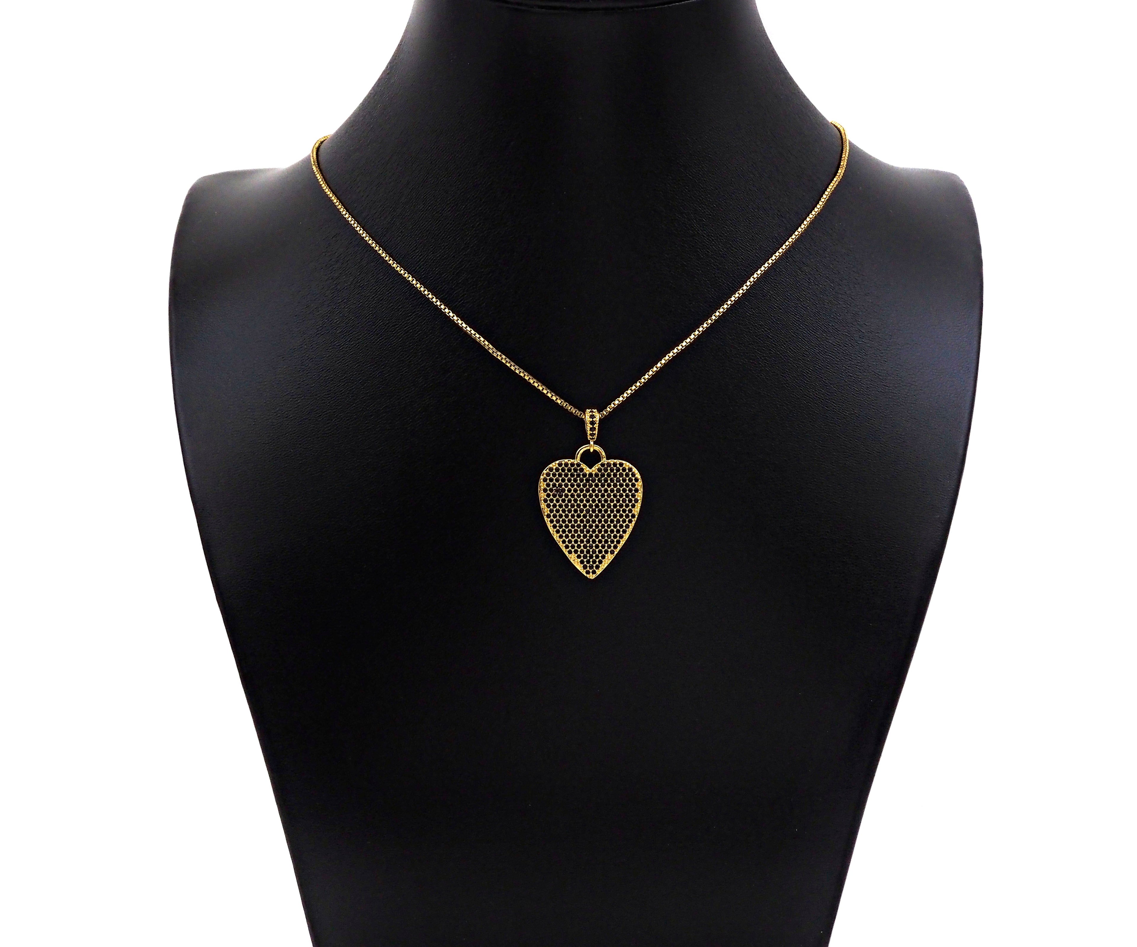 CZ Micro Pave Black Heart Charms, Dainty Gold CZ Heart Pendant, Heart Necklace Charms, 22x28mm, Sku#Z1247