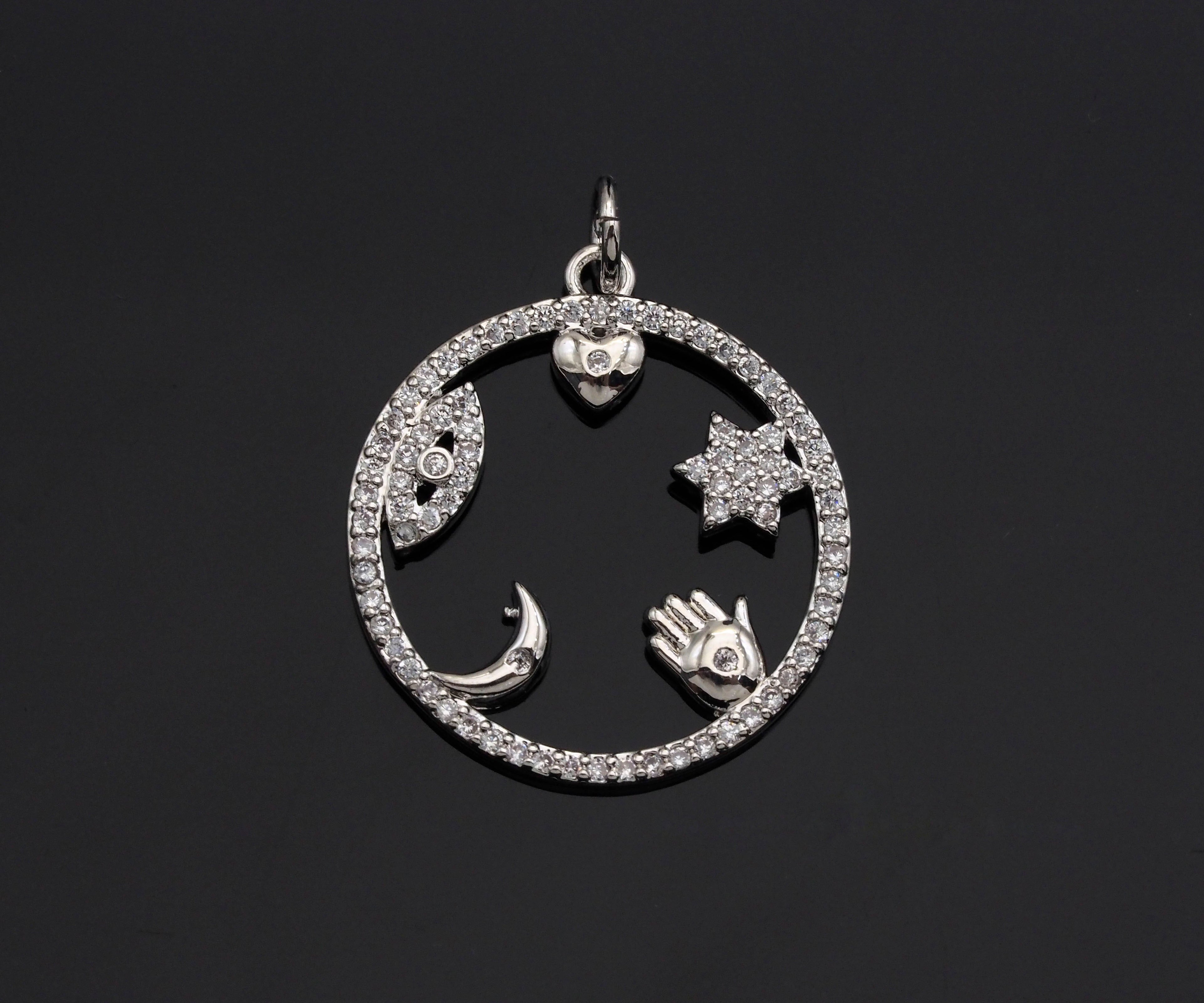 CZ Micro Pave Evil Eye Hand Star On  Round Ring Pendant , 21x23mm, Cubic Zirconia Round Ring Pave Pendant Beads, Pave Charm, SKU#F1188
