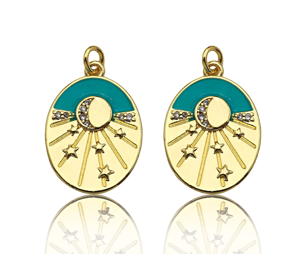 Gold Filled Turquoise Enamel with Radial Star On Oval Shape Pendant,CZ Micro Pave 18K Gold Filled Enamel Charm,16x22mm,Sku#Z1360