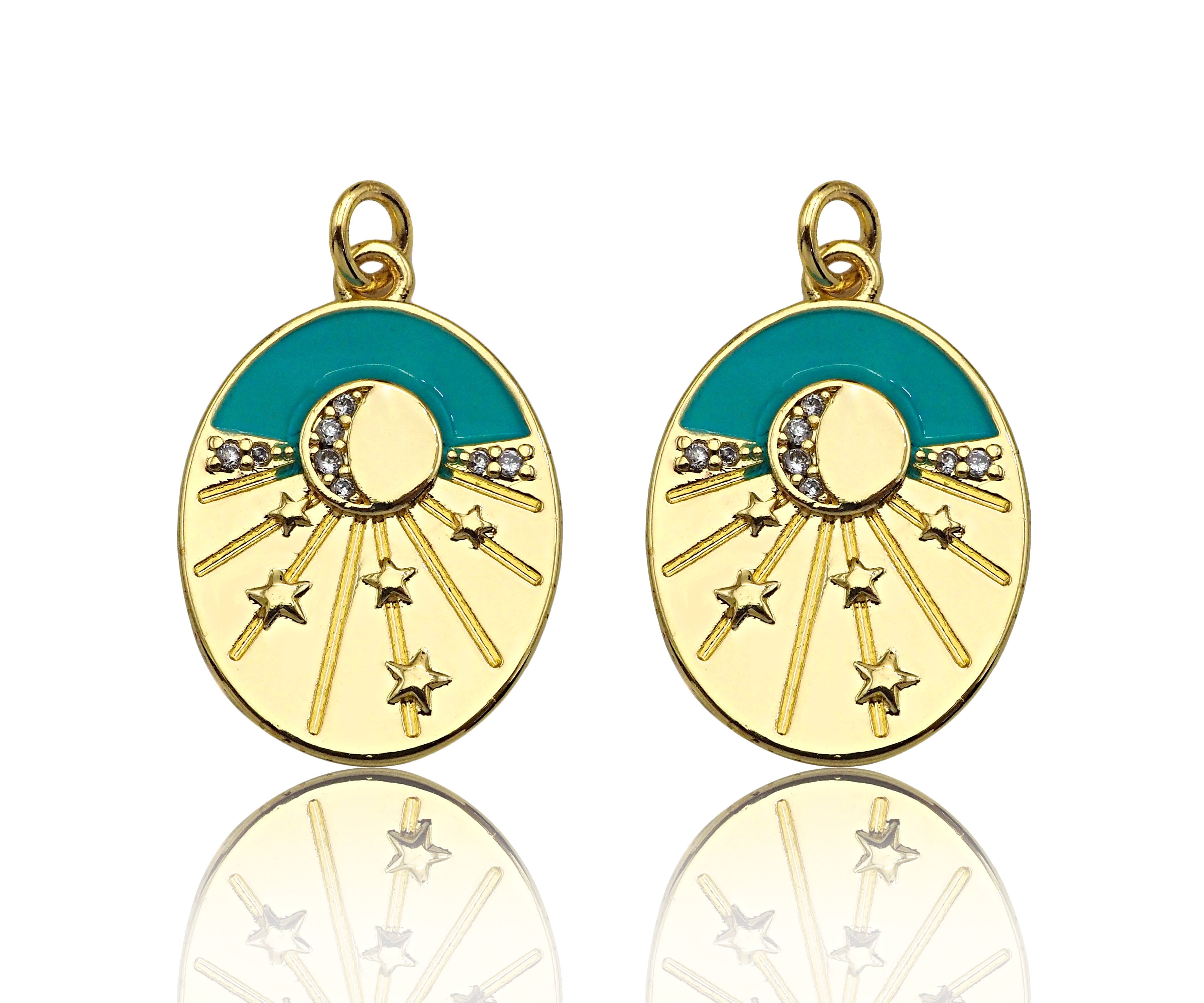 Gold Filled Turquoise Enamel with Radial Star On Oval Shape Pendant,CZ Micro Pave 18K Gold Filled Enamel Charm,16x22mm,Sku#Z1360