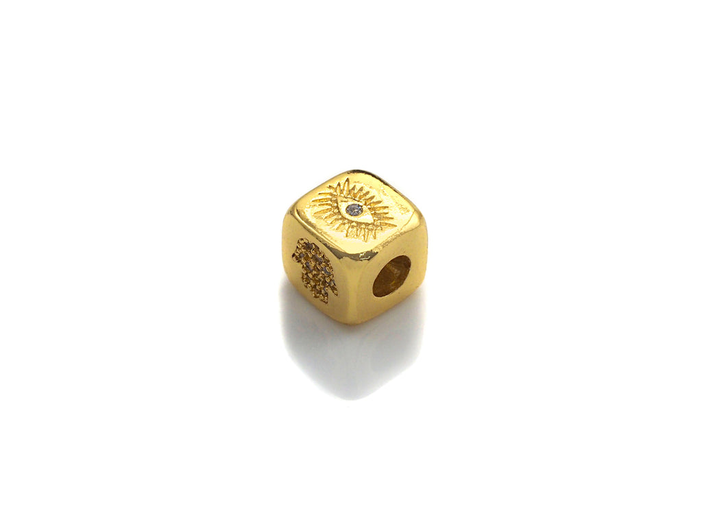 CZ Micro Pave Moon/Hamsa Hand/Evil Eye/Planet Dice Spacer Beads, Cubic Zirconia Cube Spacer Beads, 24k Gold Tone, 8.5mm, sku#Z714