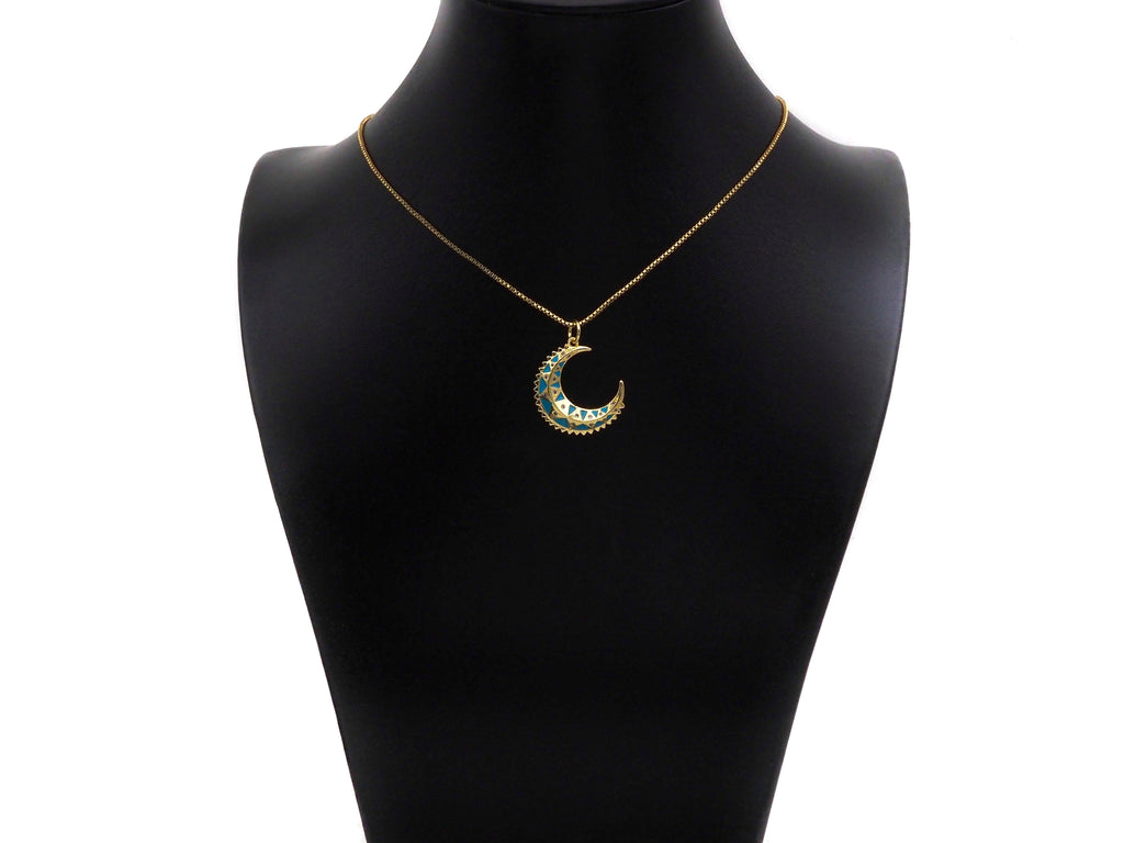 Turquoise Blue Enamel On Cresent Moon Shape Pendant/Charm,Gold Cubic Zirconia Charm, Necklace Bracelet Charm Pendant,21x24mm, Sku#Z1279