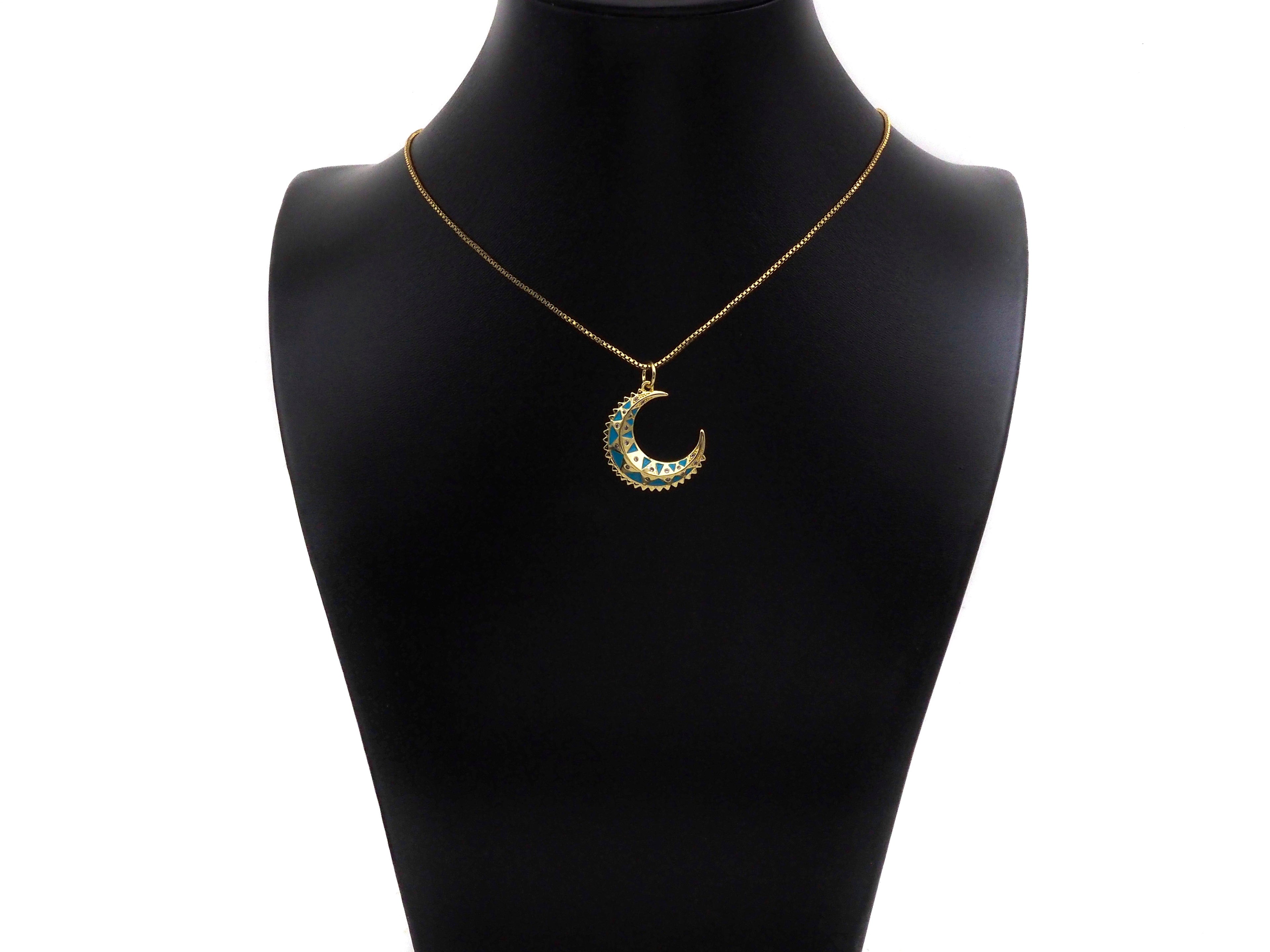 Turquoise Blue Enamel On Cresent Moon Shape Pendant/Charm,Gold Cubic Zirconia Charm, Necklace Bracelet Charm Pendant,21x24mm, Sku#Z1279