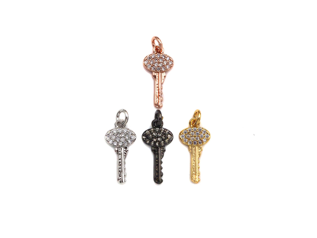 CZ Micro Pave Key Shaped Pendant/Charm, Small Key Charm, Cubic Zirconia Pave Charm, 8x16mm, sku#F1139C