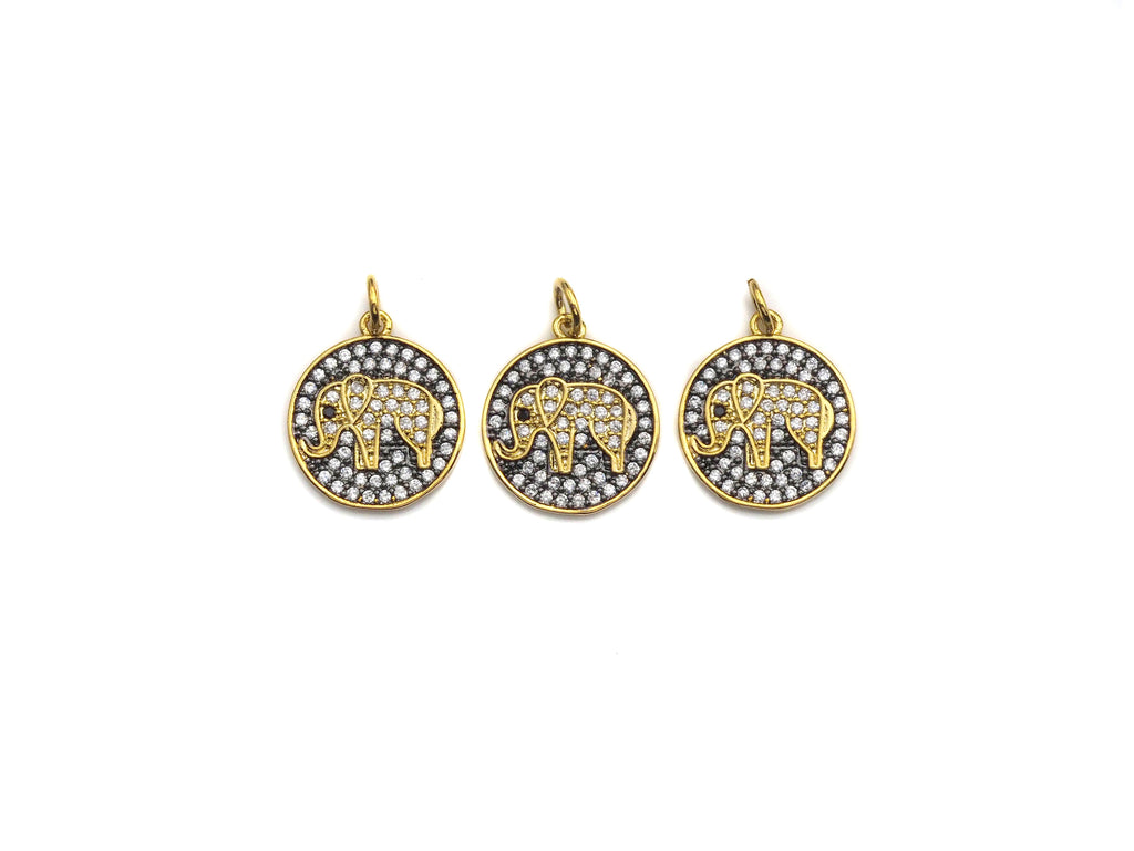 CZ Clear Micro Pave Elephant On Round Coin Pendant, Round Shaped Pave Pendant, Gold plated, 15mm, Sku#Z1014